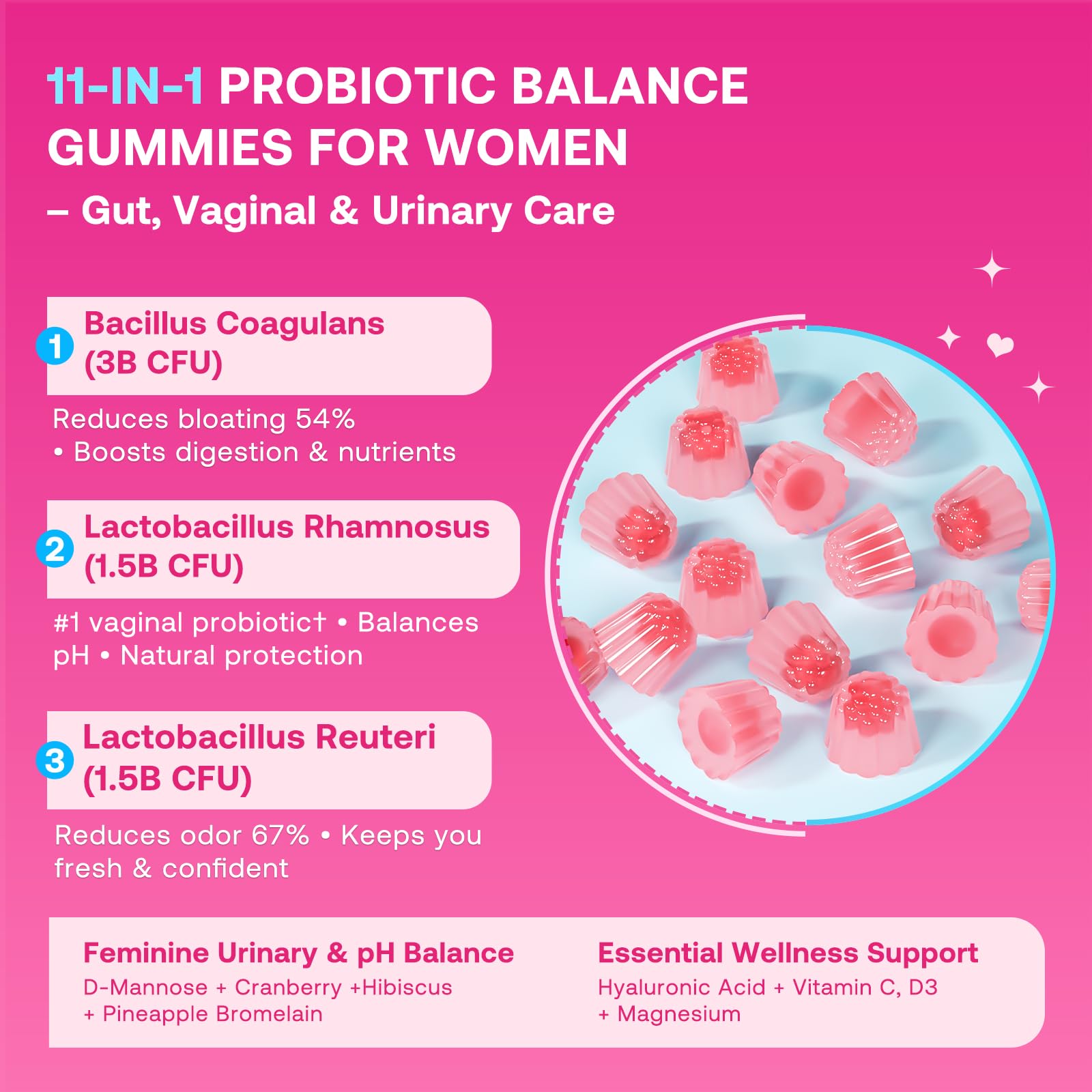 Feminine Balance Gummies for Women, Premium Ph Balance Gummies with Probiotic for Vaginal Flora Balance, Immune Support Supplement, Gluten-Free, Strawberry Flavor with Liquid Filled, 120 Count