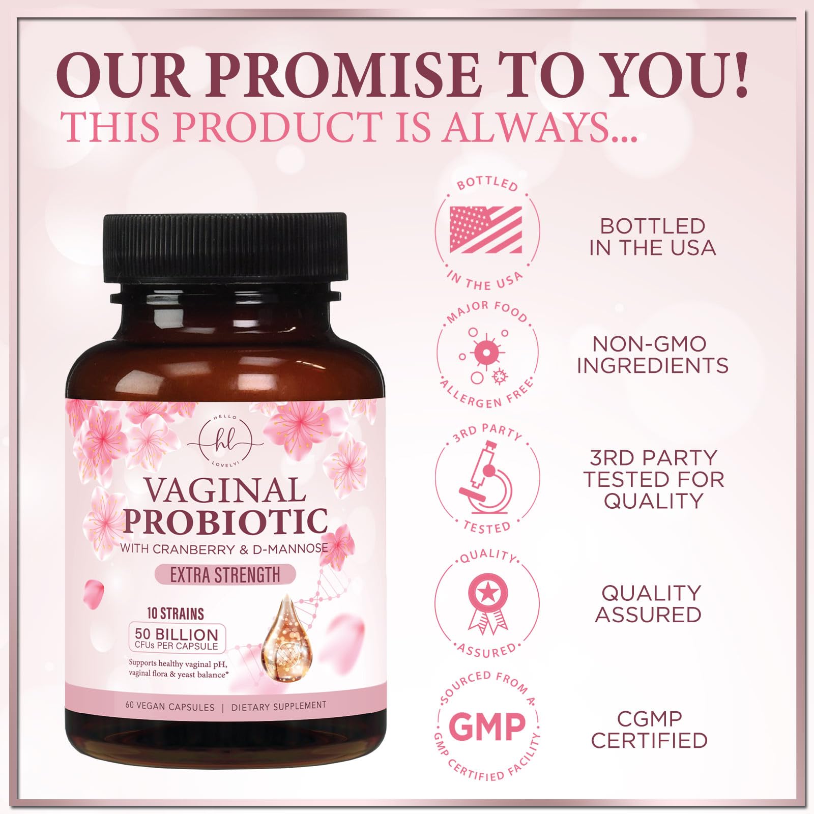 Vaginal Probiotics 50B CFU - 10 Strains with Cranberry & D-Mannose | Vaginal pH & Flora Balance - 60 Capsules