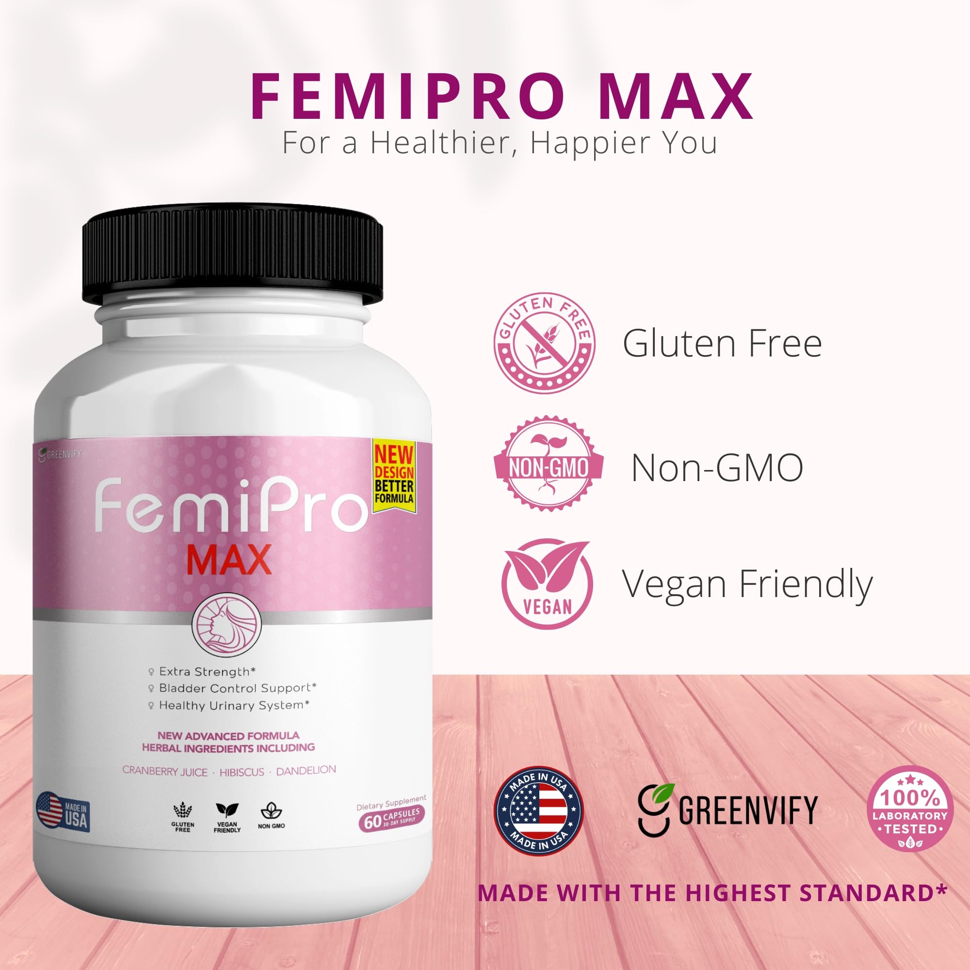 FemiPro MAX Women's Urinary Support – Extra Strength Bladder Control (60 Capsules)
