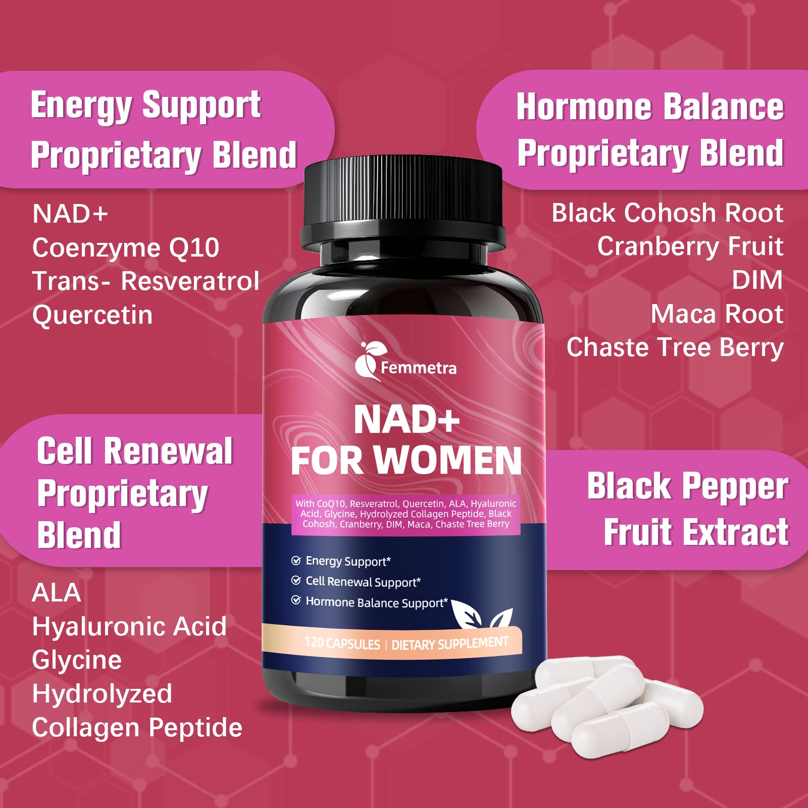 Femmetra NAD+ Supplements for Women – Hormone Balance, Energy & Anti-Aging (120 Caps)