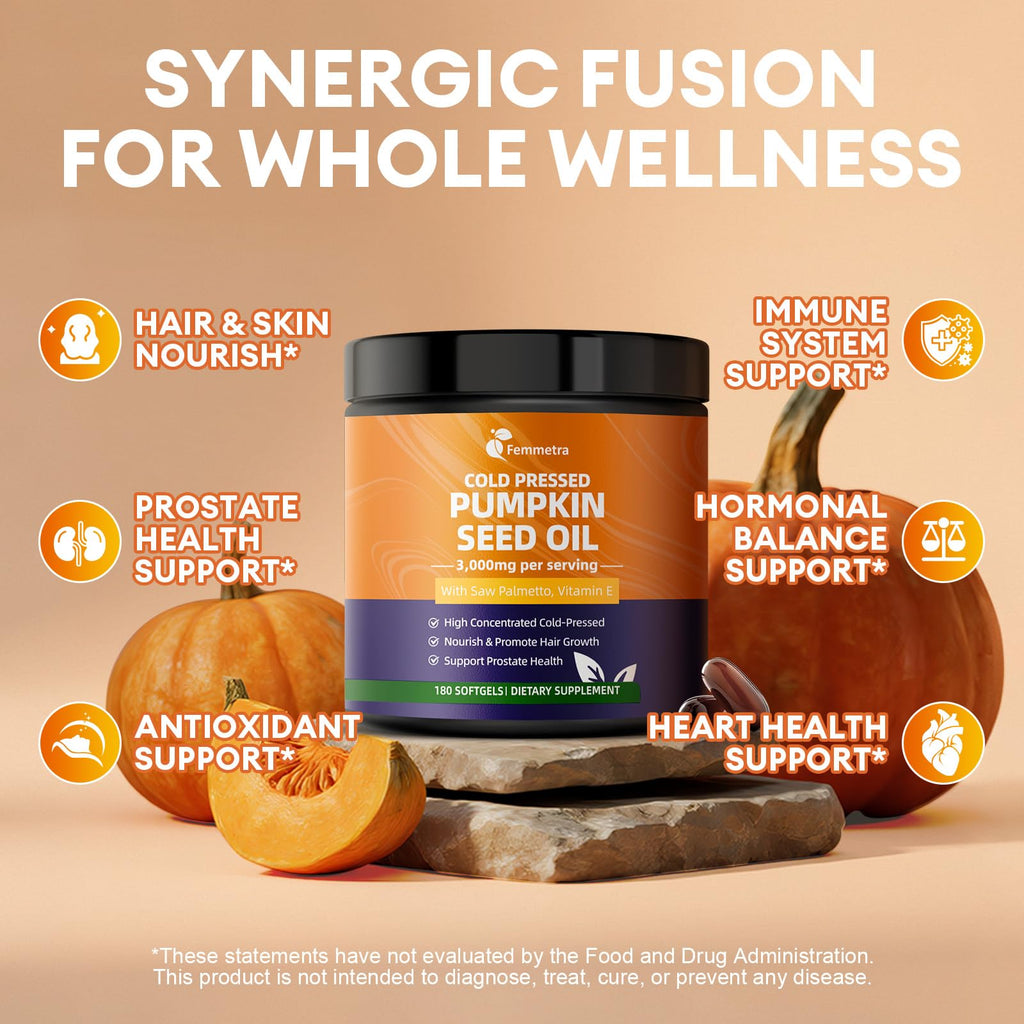 Femmetra Pumpkin Seed Oil with Saw Palmetto Capsules – 180 Softgels | Hair, Prostate & Urinary Health | Vegan & Non-GMO