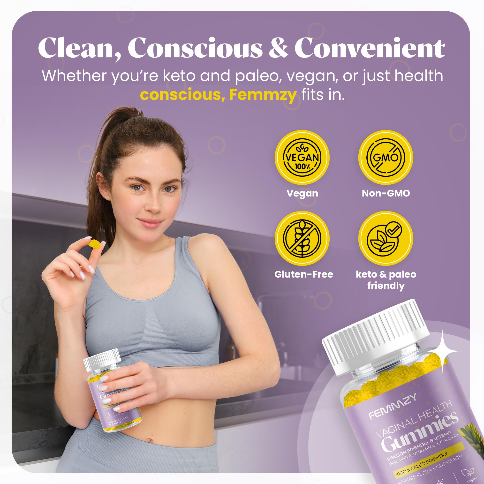 FEMMZY Vaginal Probiotic Gummies for BV, Odor & pH Balance