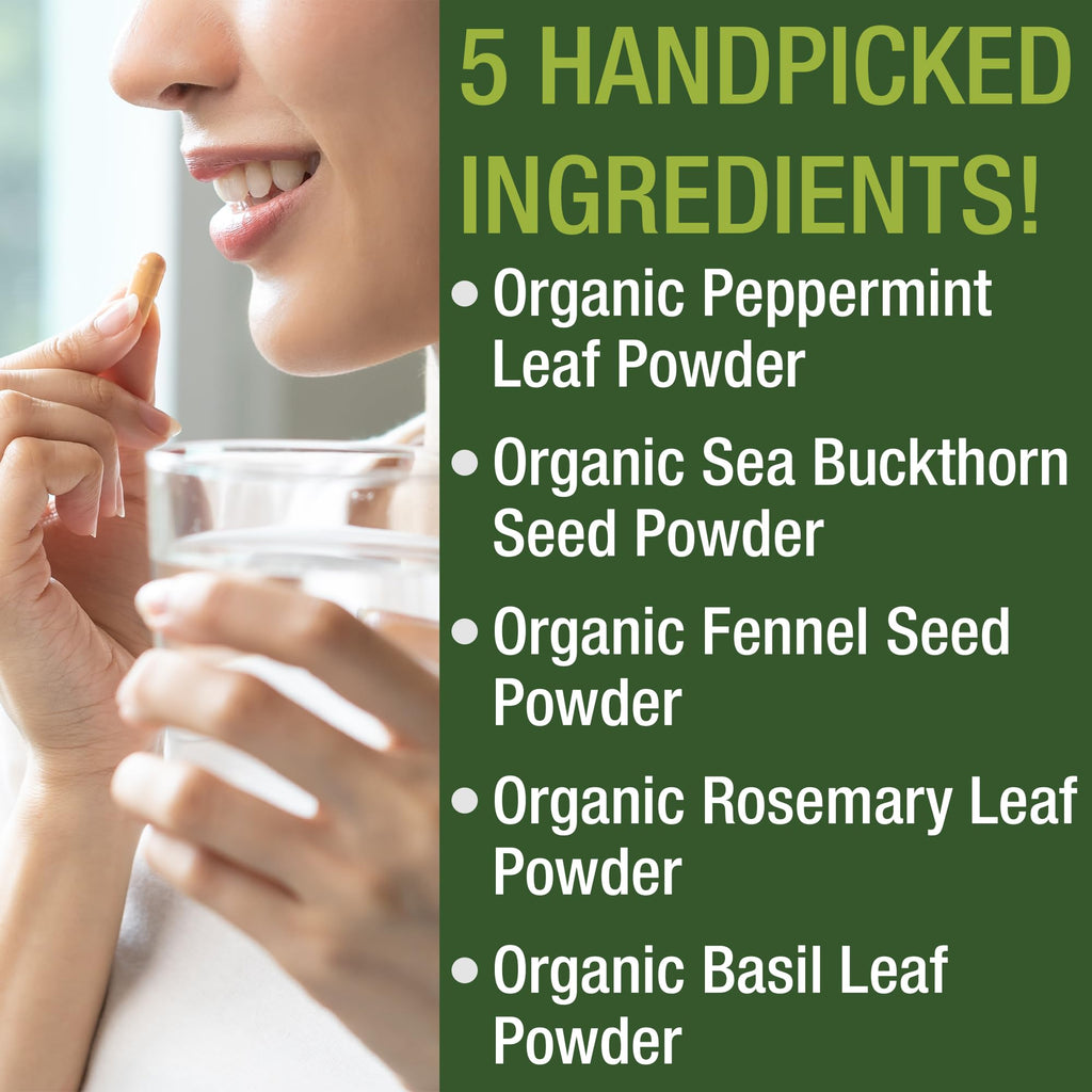 USDA Organic IBS Capsules for Relief – Peppermint, Sea Buckthorn, Fennel, Rosemary & Basil
