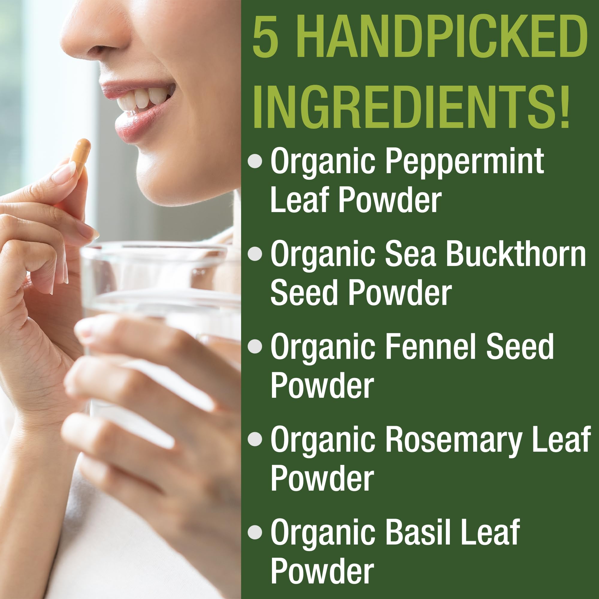 USDA Organic IBS Capsules for Relief – Peppermint, Sea Buckthorn, Fennel, Rosemary & Basil