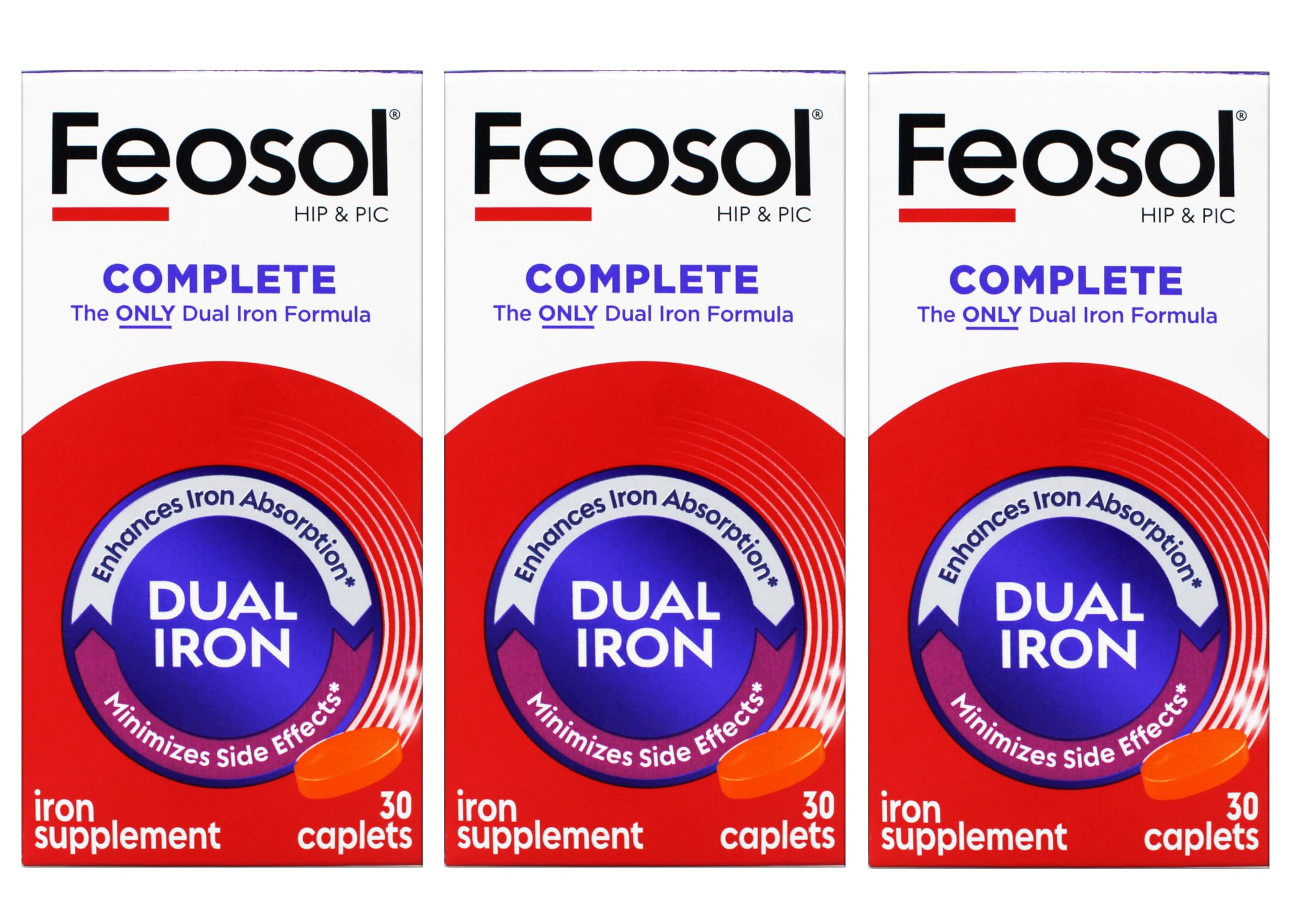 Feosol Complete Iron Supplement – Bifera HIP & PIC, 30 Caplets, Pack of 3
