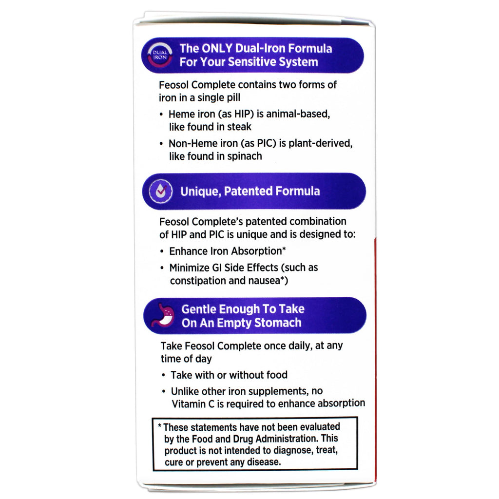 Feosol Complete Iron Supplement – Bifera HIP & PIC, 30 Caplets, Pack of 3
