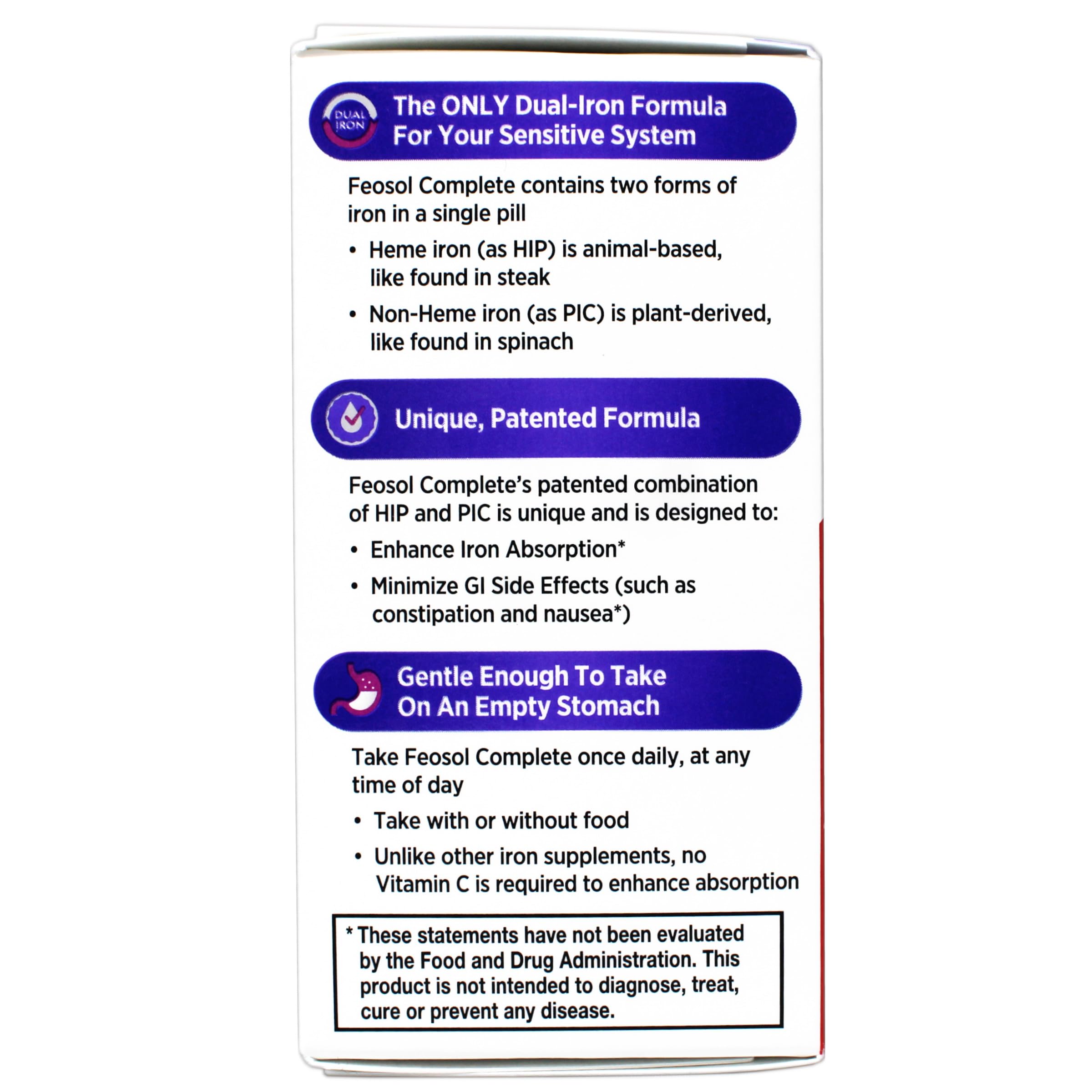 Feosol Complete Iron Supplement – Bifera HIP & PIC, 30 Caplets, Pack of 3