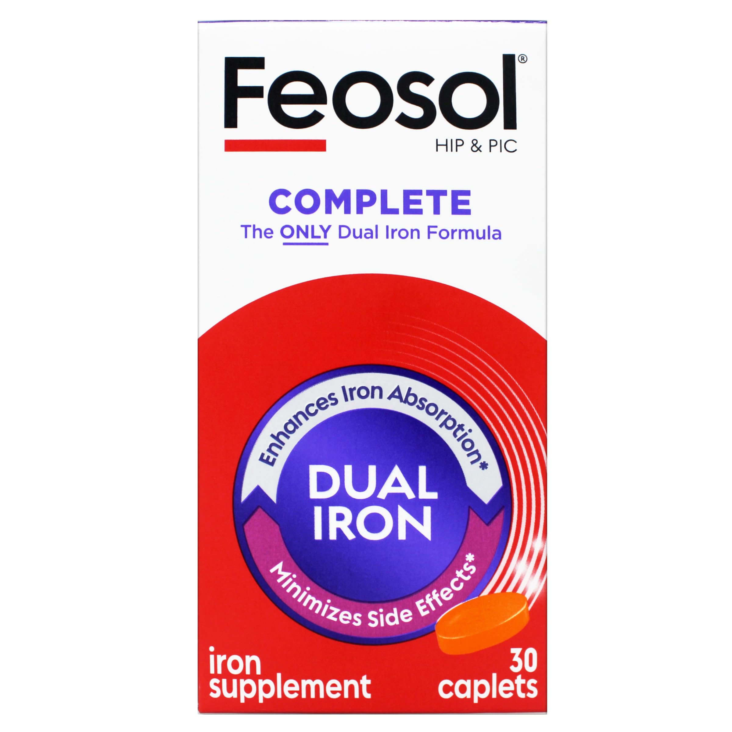 Feosol Complete Iron Supplement – Bifera HIP & PIC, 30 Caplets, Pack of 3