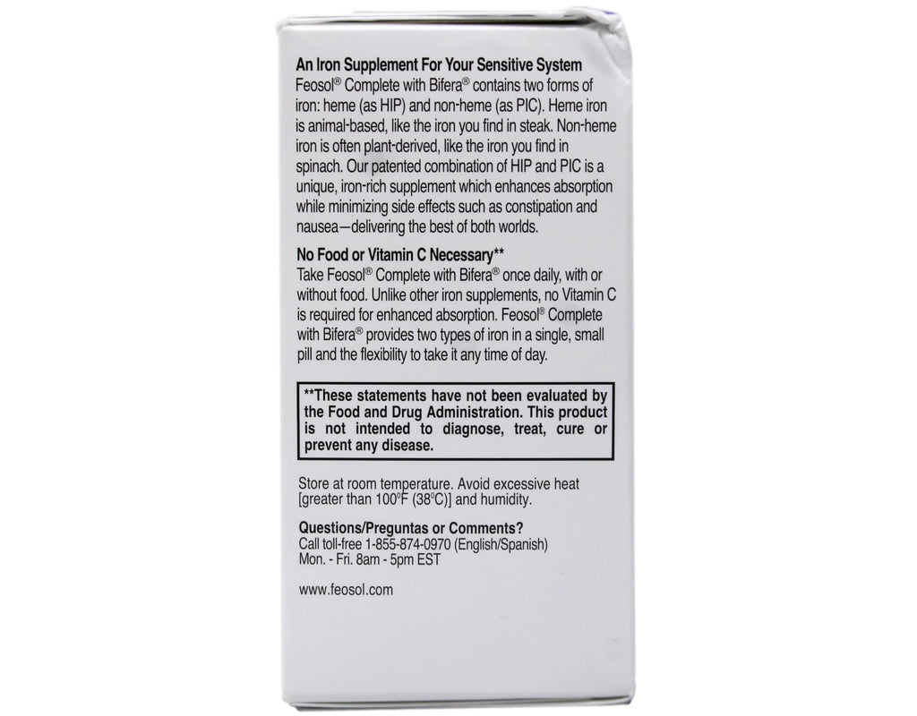 Feosol Complete Iron Supplement – Bifera HIP & PIC, 30 Caplets, Pack of 3