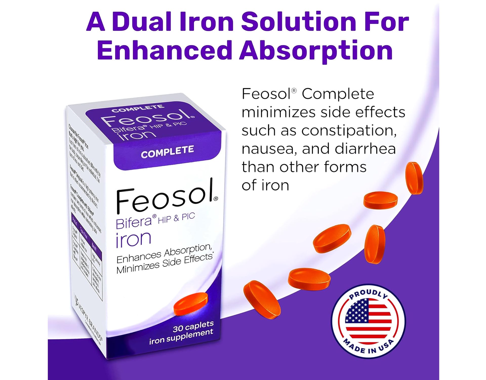 Feosol Complete Iron Supplement – Bifera HIP & PIC, 30 Caplets, Pack of 3