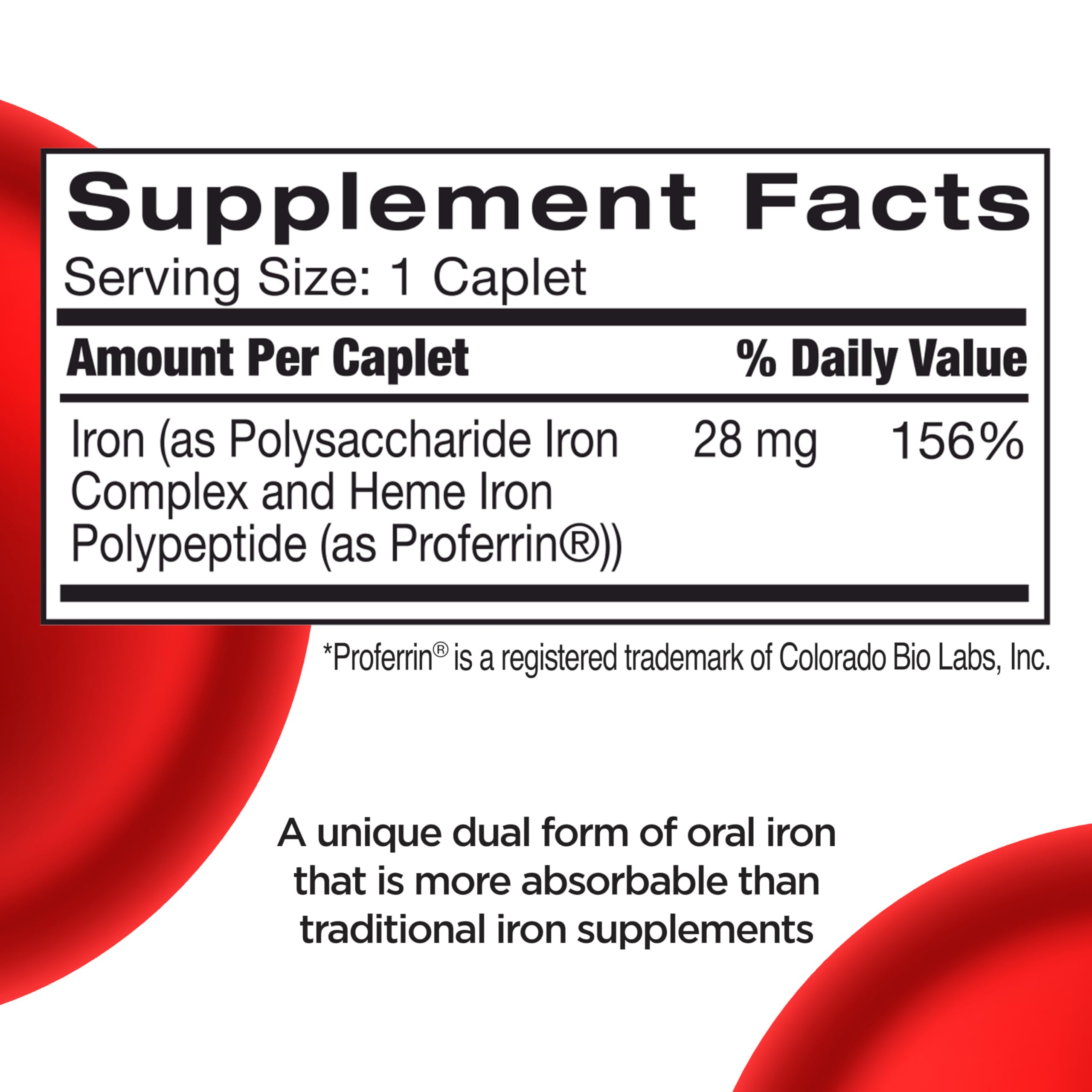 Feosol Complete Iron Supplement Caplets – Bifera Iron for High Absorption, 28 mg, Made in USA, 30 Count