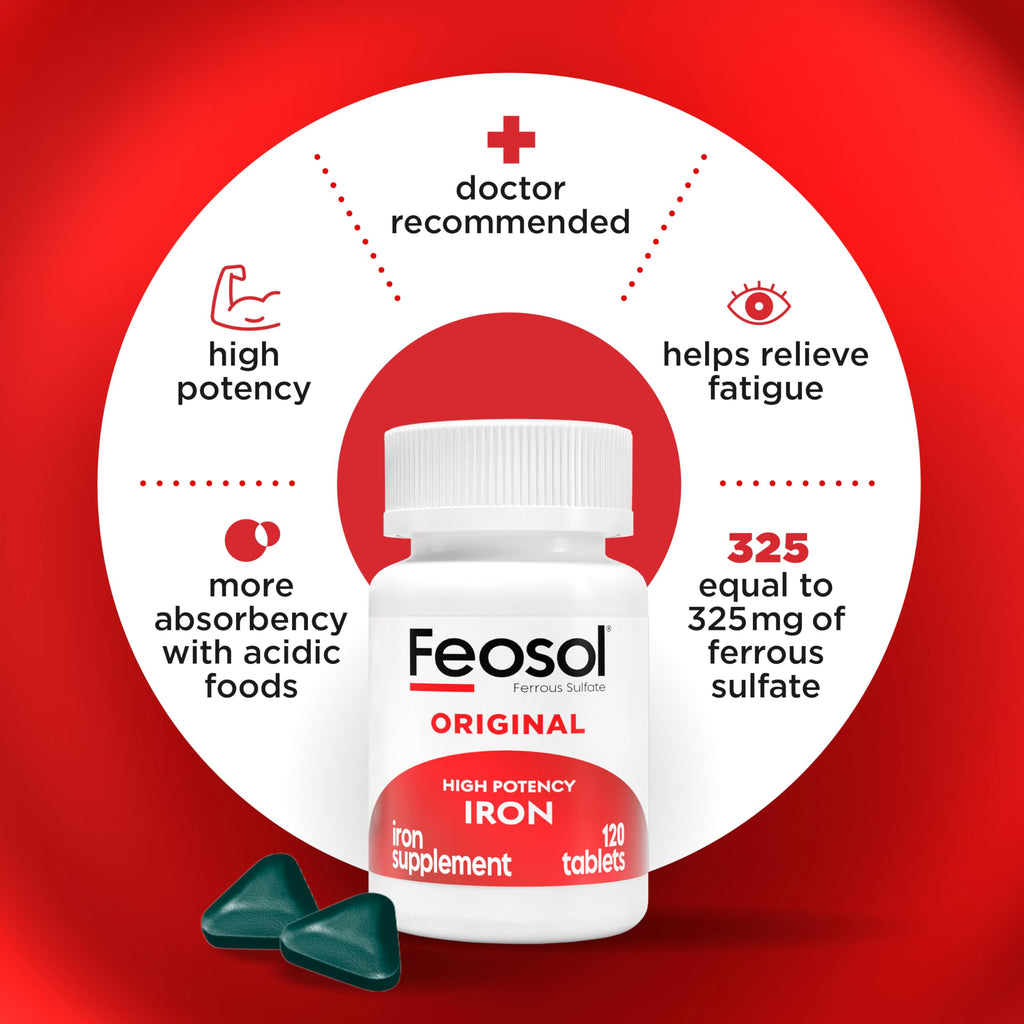Feosol Original Iron Supplement Tablets 65 mg Elemental Iron | 120 ct Pack of 2