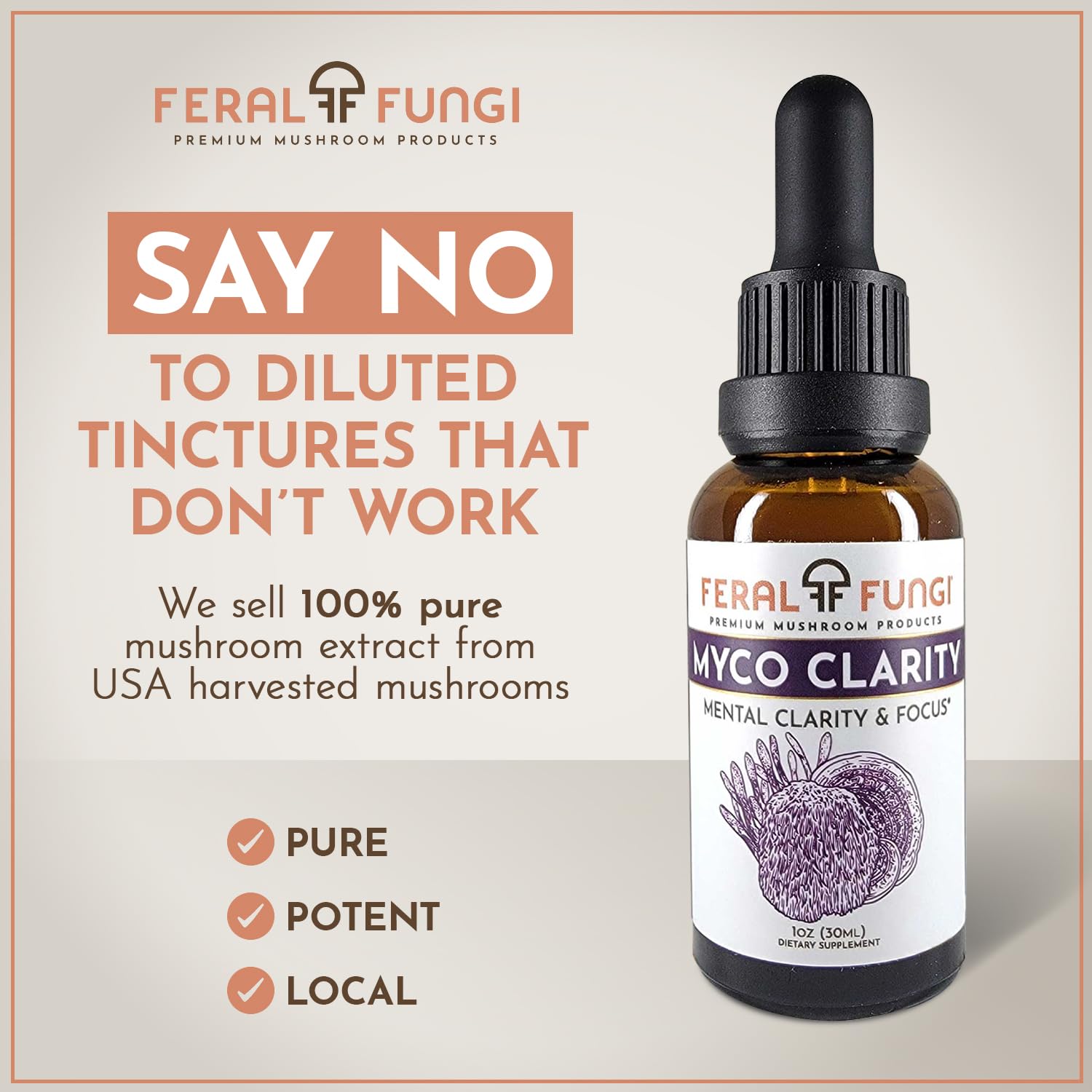 Feral Fungi Myco-Clarity Tincture - 100% Pure Mushroom Extract | USA-Grown 1 oz