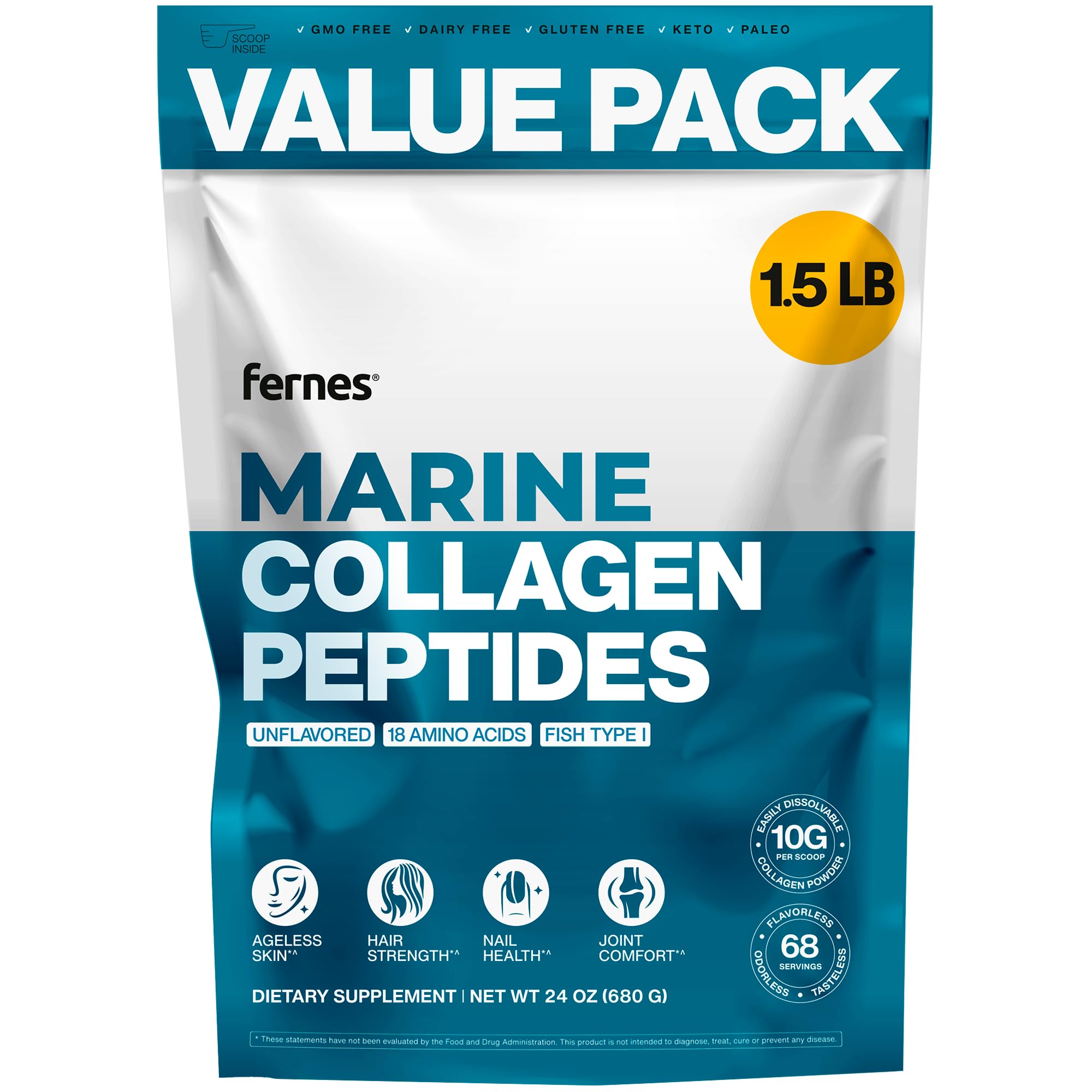 Fernes Marine Collagen Peptides for Women & Men – 1.5LB, Unflavored Type I, Hydrolyzed