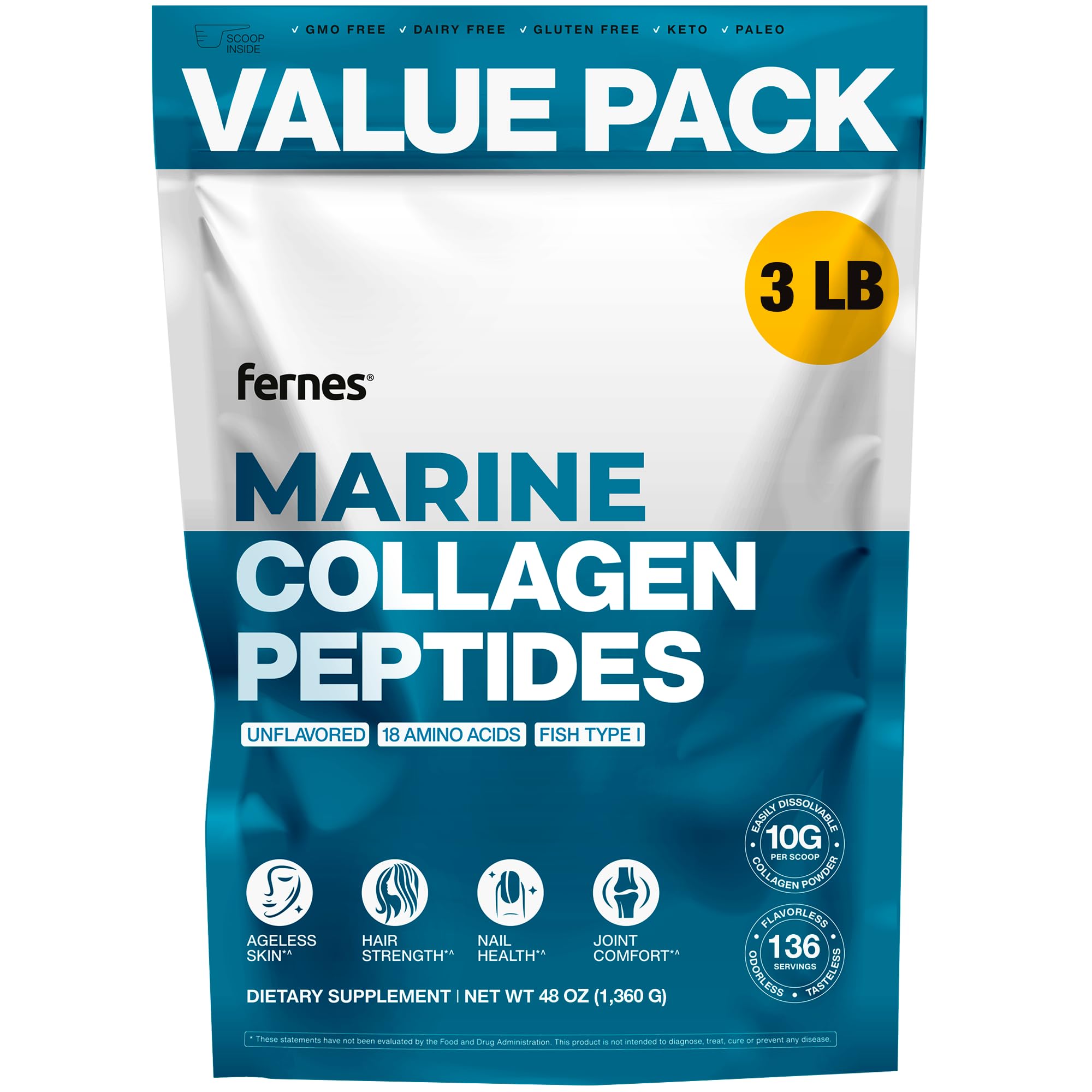 Fernes Marine Collagen Peptides – Type I Fish, Flavorless & Odorless, 3LB | Gluten-Free, Non-GMO, Keto & Paleo