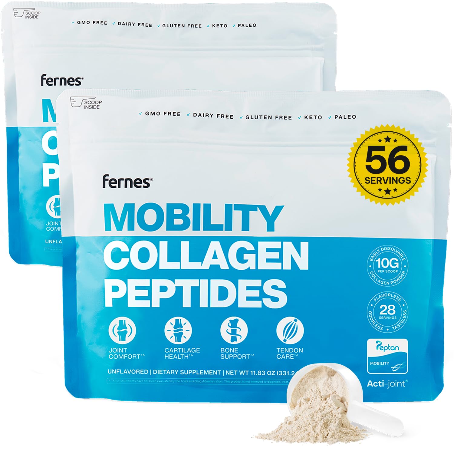 Fernes Mobility Collagen Peptides Powder – Acti-Joint with Glucosamine, Chondroitin & Hyaluronic Acid + Liposomal Vitamin C | Grass-Fed Type I & III | 56 Servings
