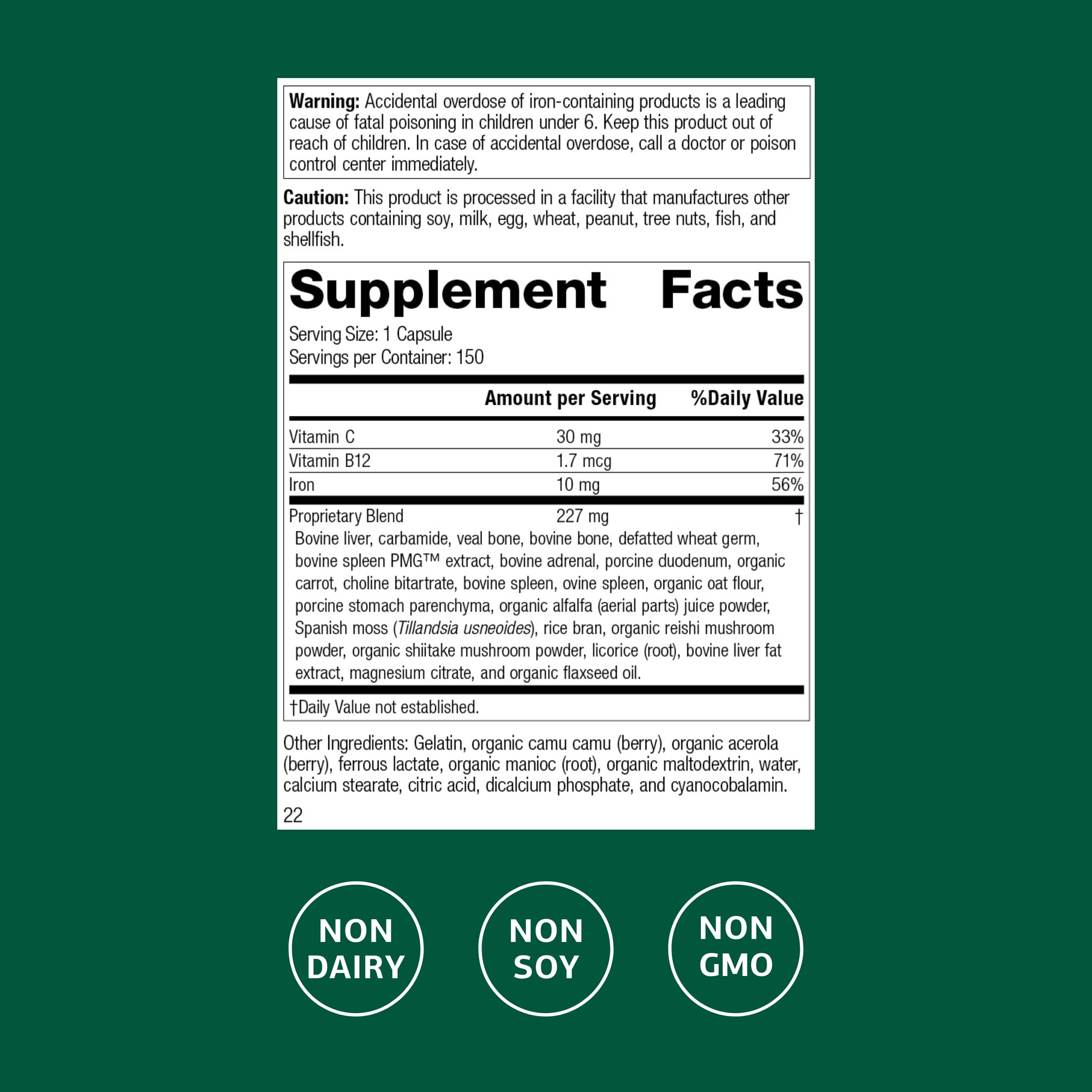 Standard Process Ferrofood - Blood Health Supplement with Iron, B12 & Vitamin C - 150 Capsules (40 Servings)