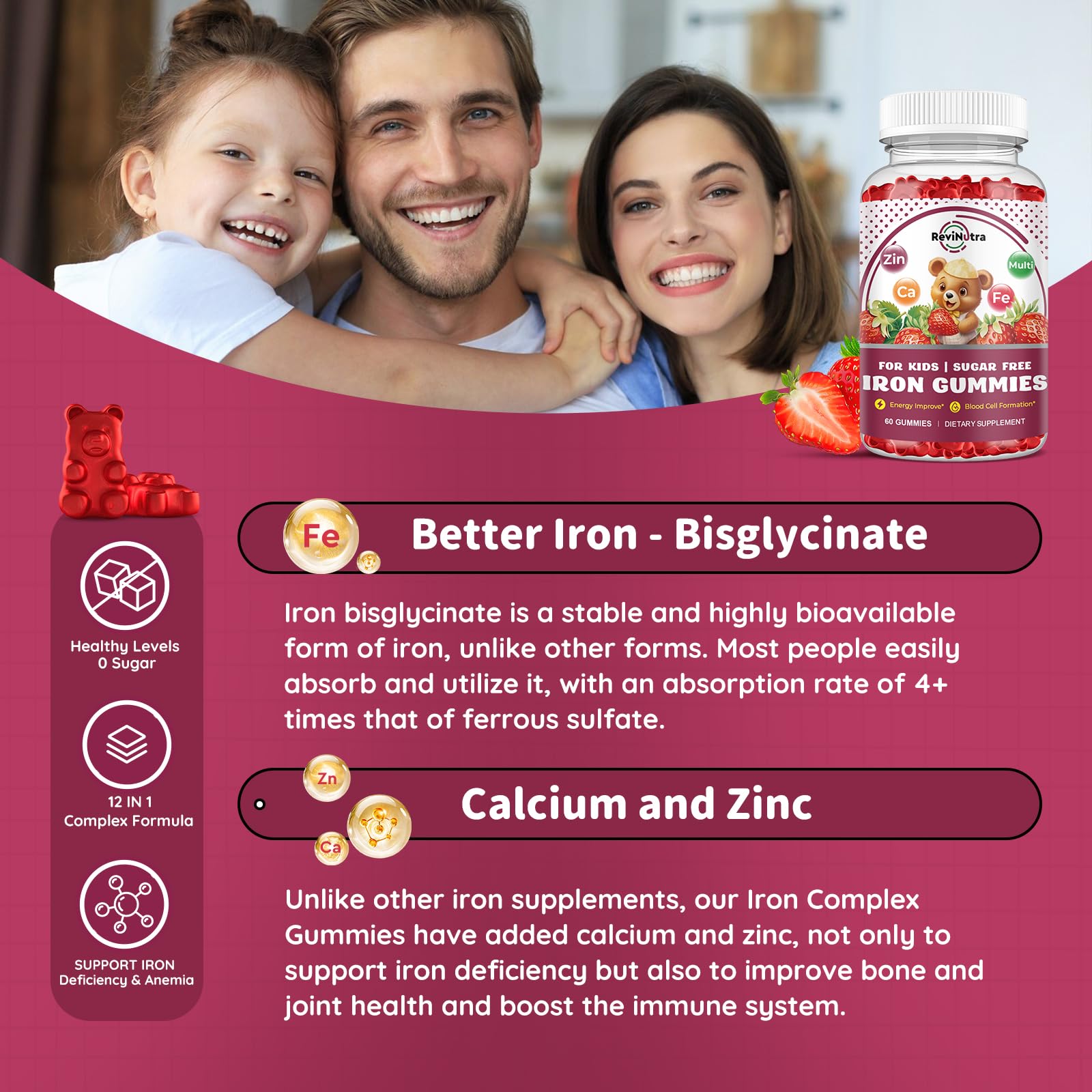 Iron Supplement Gummies for Kids – Calcium, Zinc & Multivitamin with Iron | Immune Support, Energy & Vegan, 60 Count