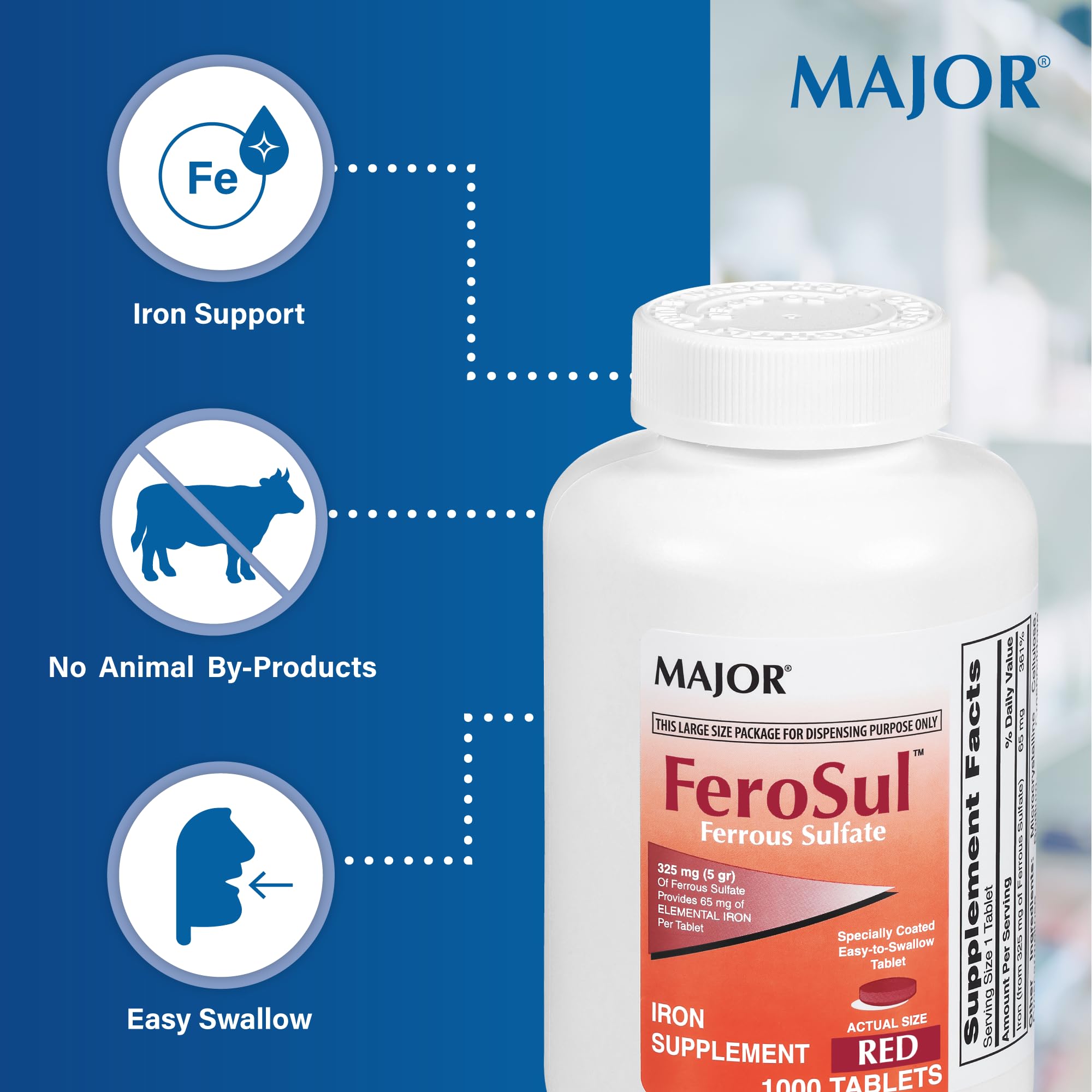 Major FeroSul Ferrous Sulate 325 mg – Iron Supplement for Women & Men, Easy-to-Swallow Red Tablets, 1000 Count