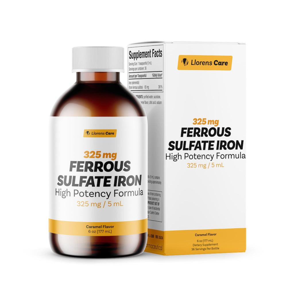 Llorens Care Ferrous Sulfate Liquid Iron 325mg – 65mg Elemental Iron, 6 oz Caramel