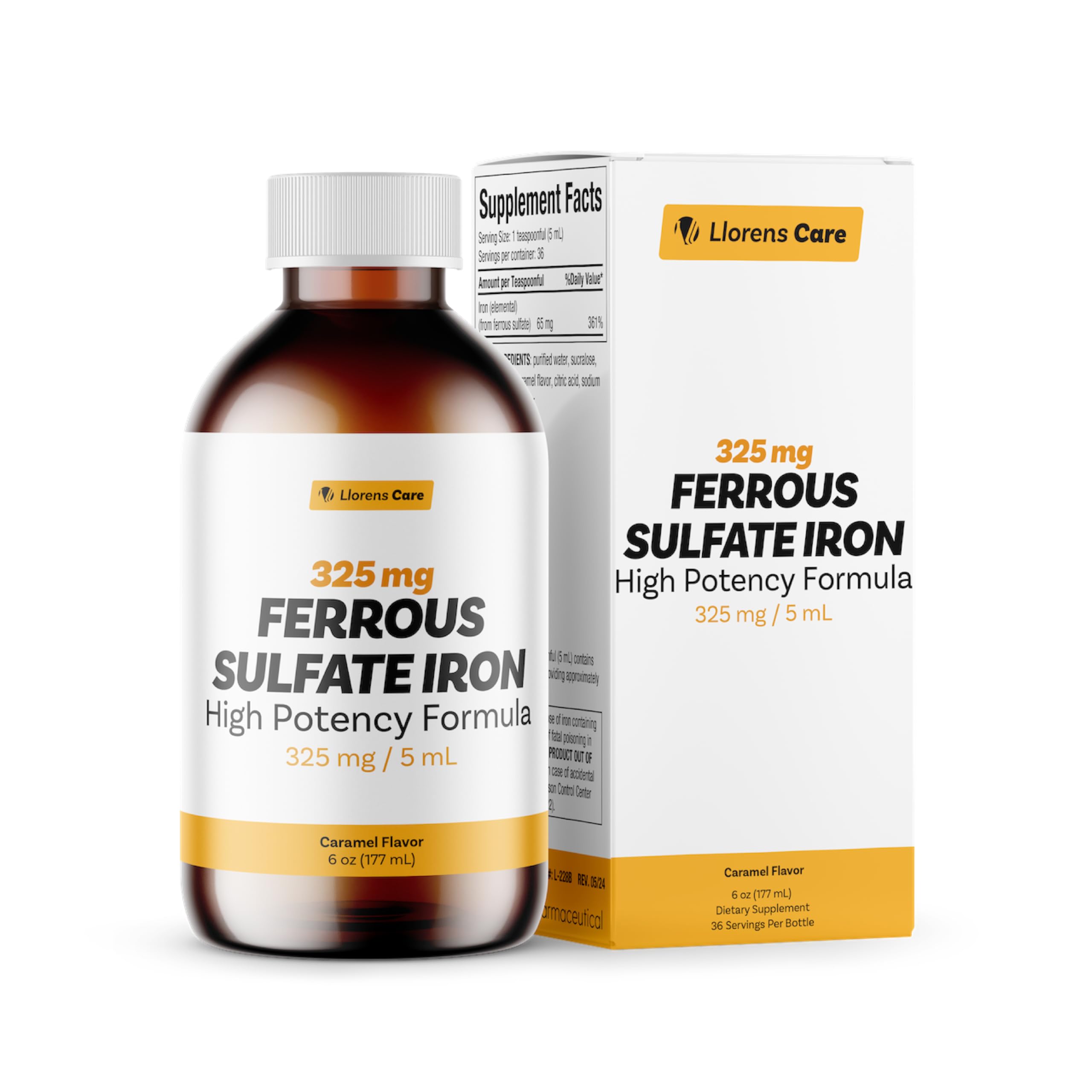 Llorens Care Ferrous Sulfate Liquid Iron 325mg – 65mg Elemental Iron, 6 oz Caramel