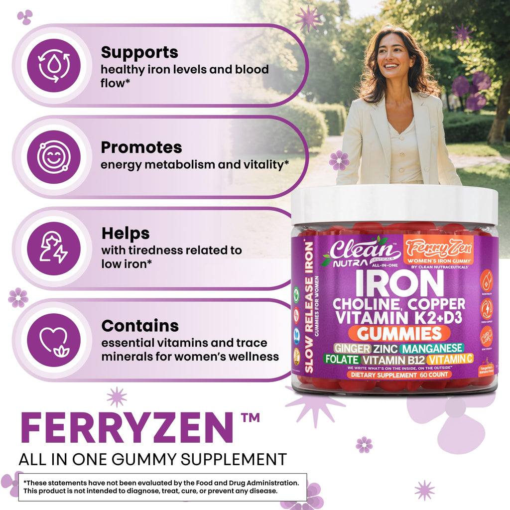 Clean Nutra FerryZen Iron Gummies for Women – Vegan, Slow-Release Iron with Choline, Copper, Vitamins K2 and D3 (60 Count)