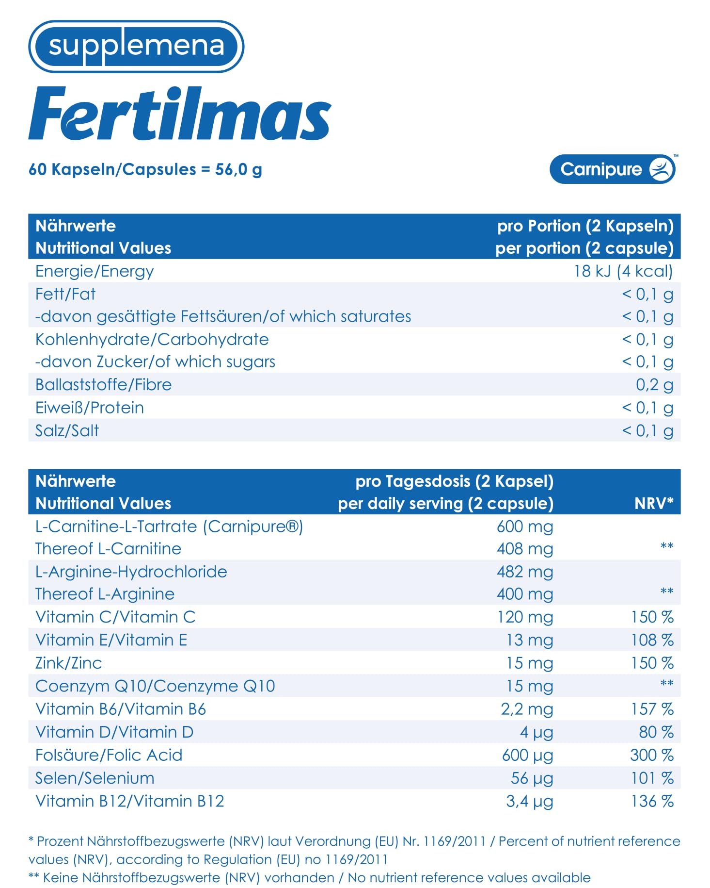 Fertilmas Natural Fertility Support for Men | L-Carnitine, Zinc, Vitamin D3, Folic Acid | Made in Germany | 1 Month