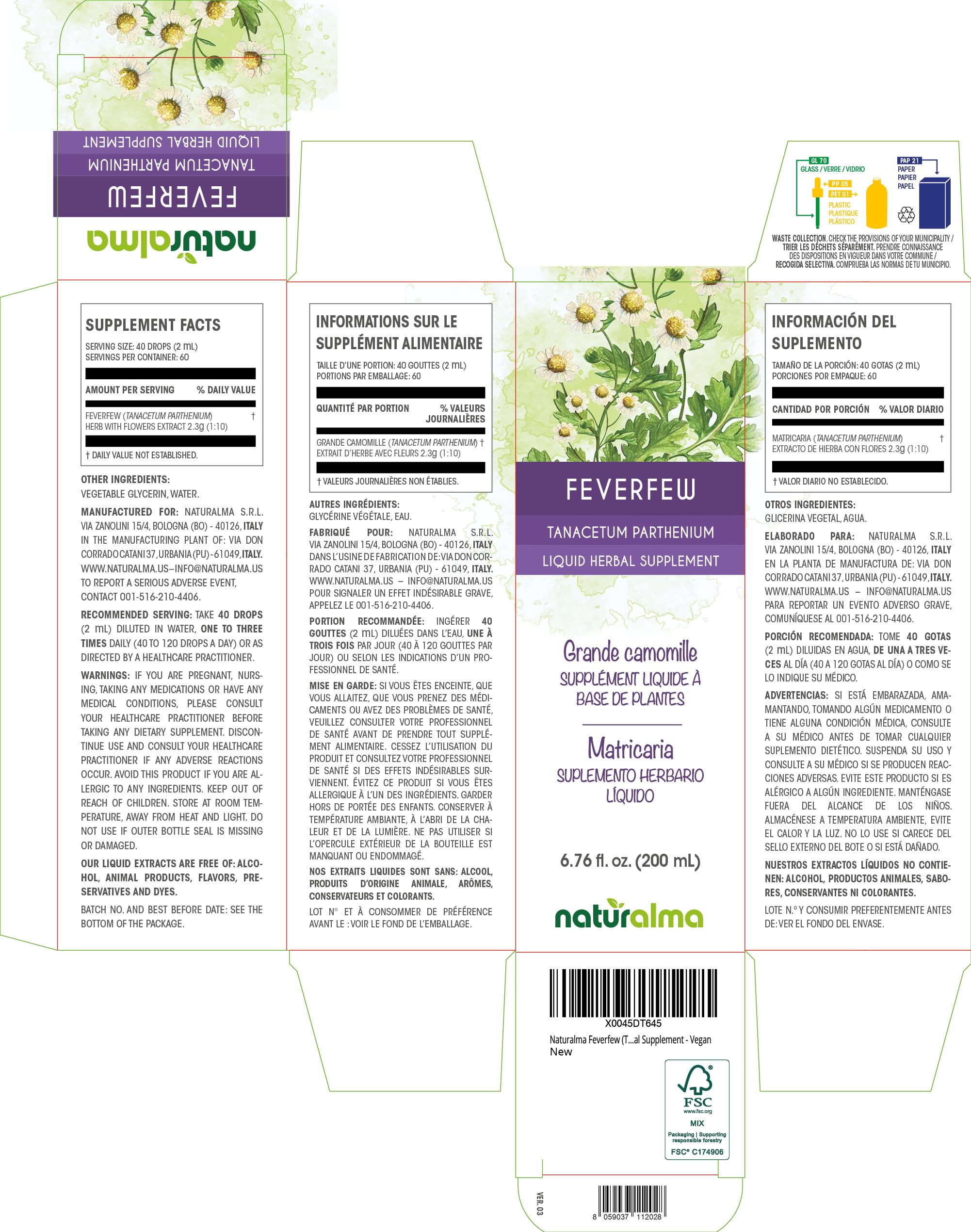 Naturalma Feverfew (Tanacetum parthenium) herb with Flowers Alcohol-Free Tincture - 6.76 fl oz Liquid Extract in Drops - Herbal Supplement - Vegan