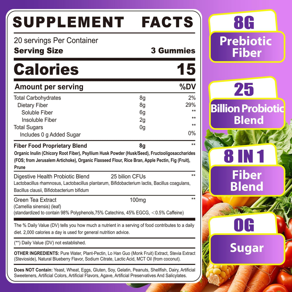 Fiber Gummies for Adults - 8g Daily Fiber, Probiotics & Green Tea