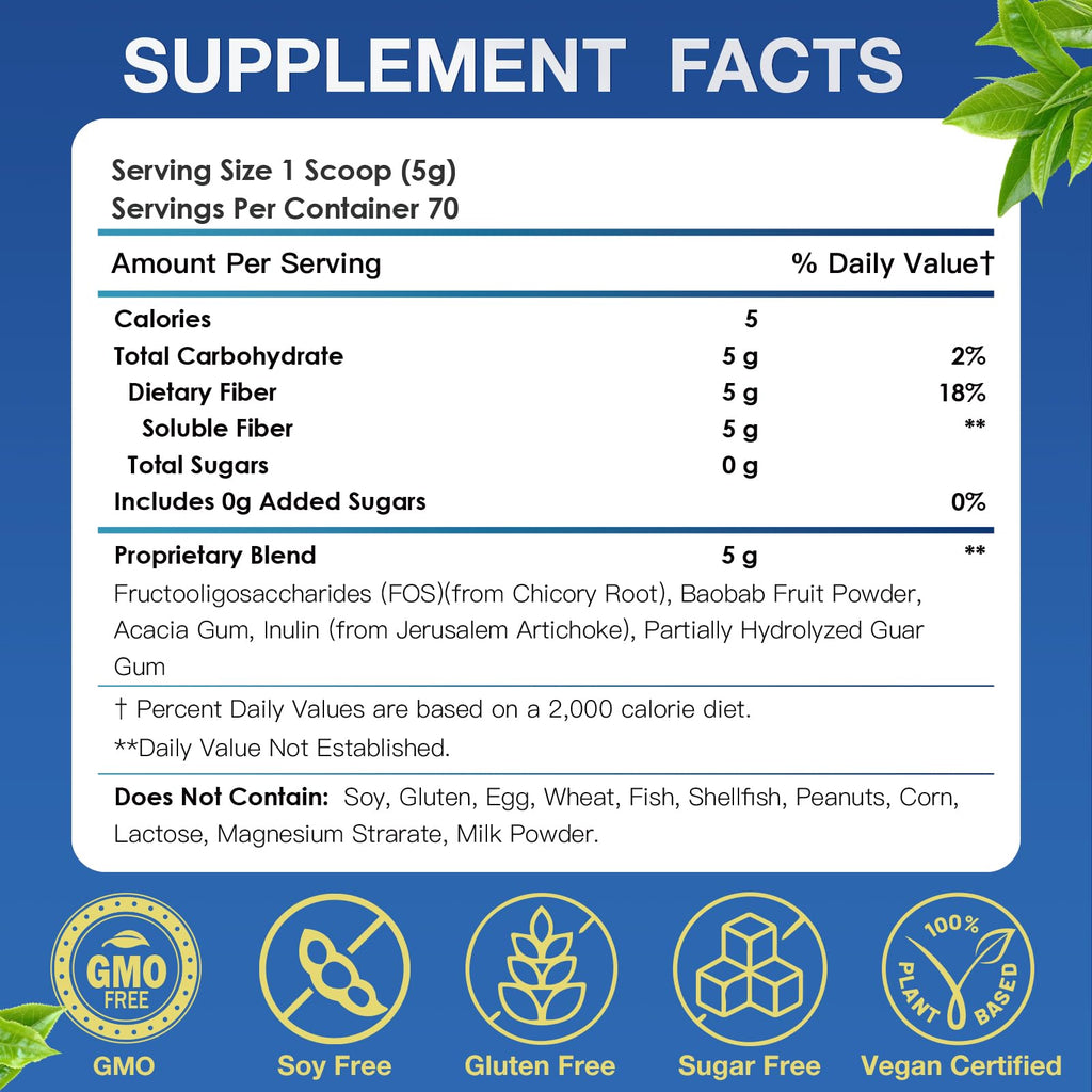 Fiber Supplement - Prebiotic 5g Soluble Fiber (Acacia & Inulin) | Gluten Free & Vegan | 70 Servings