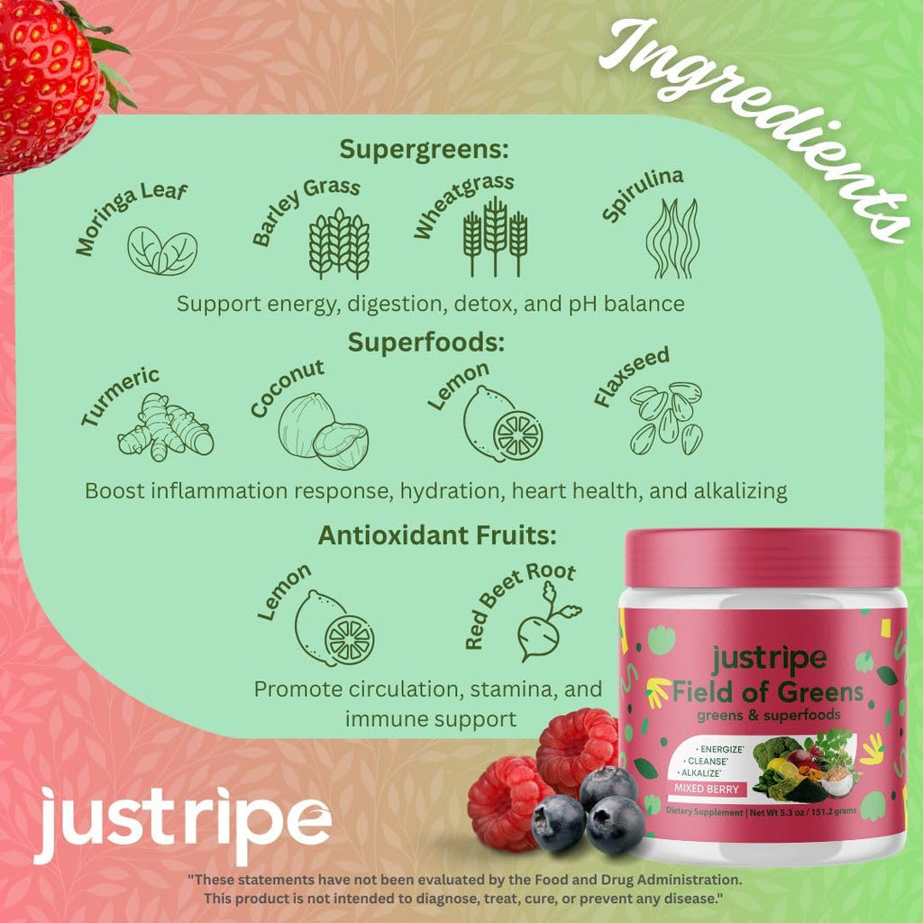 Field of Greens Superfood Powder - Organic Spirulina, Beet Root, Probiotic, Mixed Berry