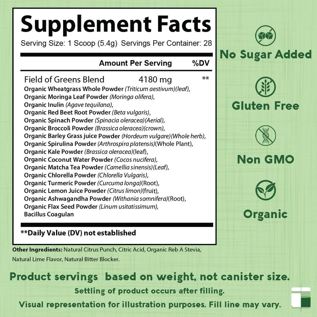 Field of Greens Superfood Powder – Organic Spirulina, Chlorella & Beet Root, Probiotic, 28 Scoops