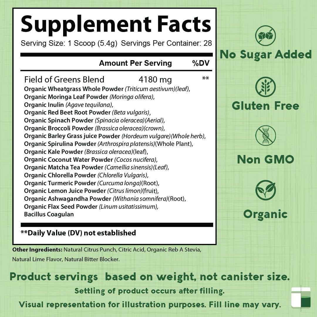 Field of Greens Superfood Powder – Organic Spirulina, Chlorella & Beet Root, Probiotic, 28 Scoops