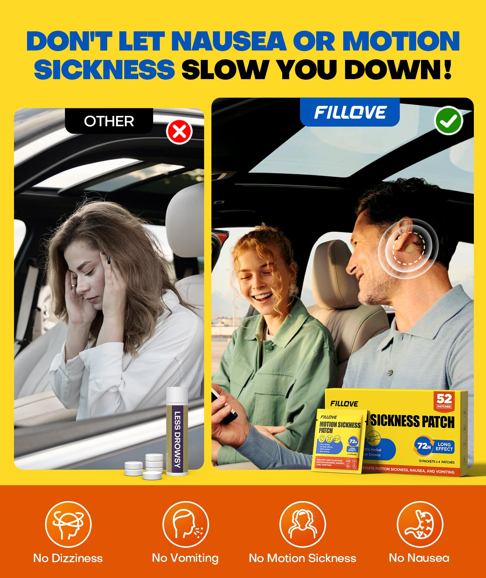 FILLOVE 52ct Motion Sickness Patches – Non-Drowsy, 72H Lasting Relief