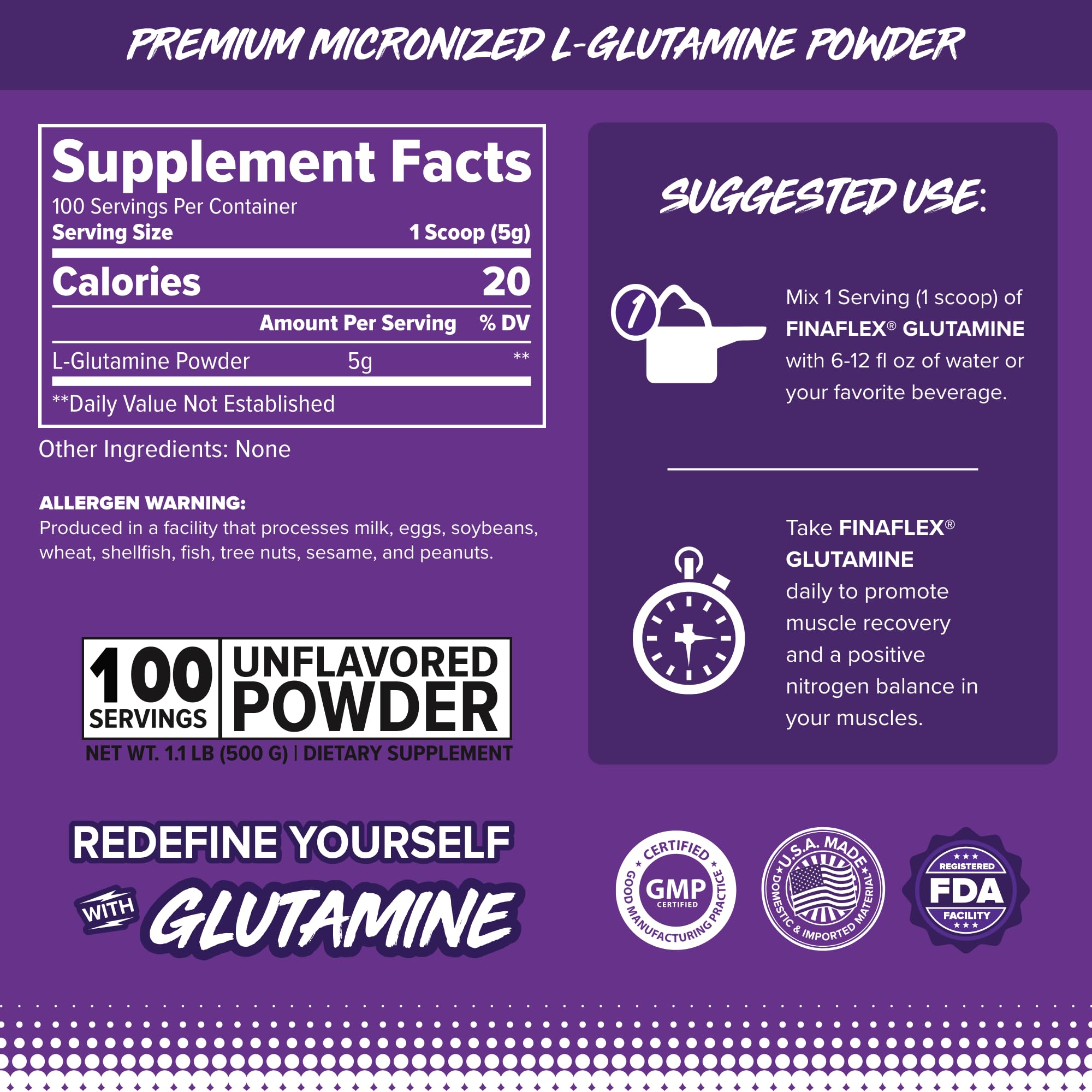 FINAFLEX Pure Glutamine, Unflavored - 1.1 lb | 100 Servings | Muscle Recovery