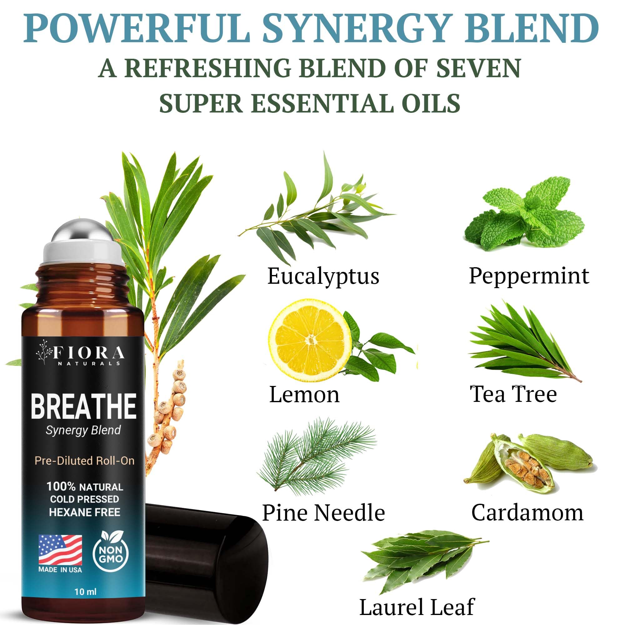 Fiora Naturals Breathe Essential Oil Roll-On Blend - 100% Pure Eucalyptus, Peppermint & Tea Tree Oil Aromatherapy Blend. Therapeutic-Grade