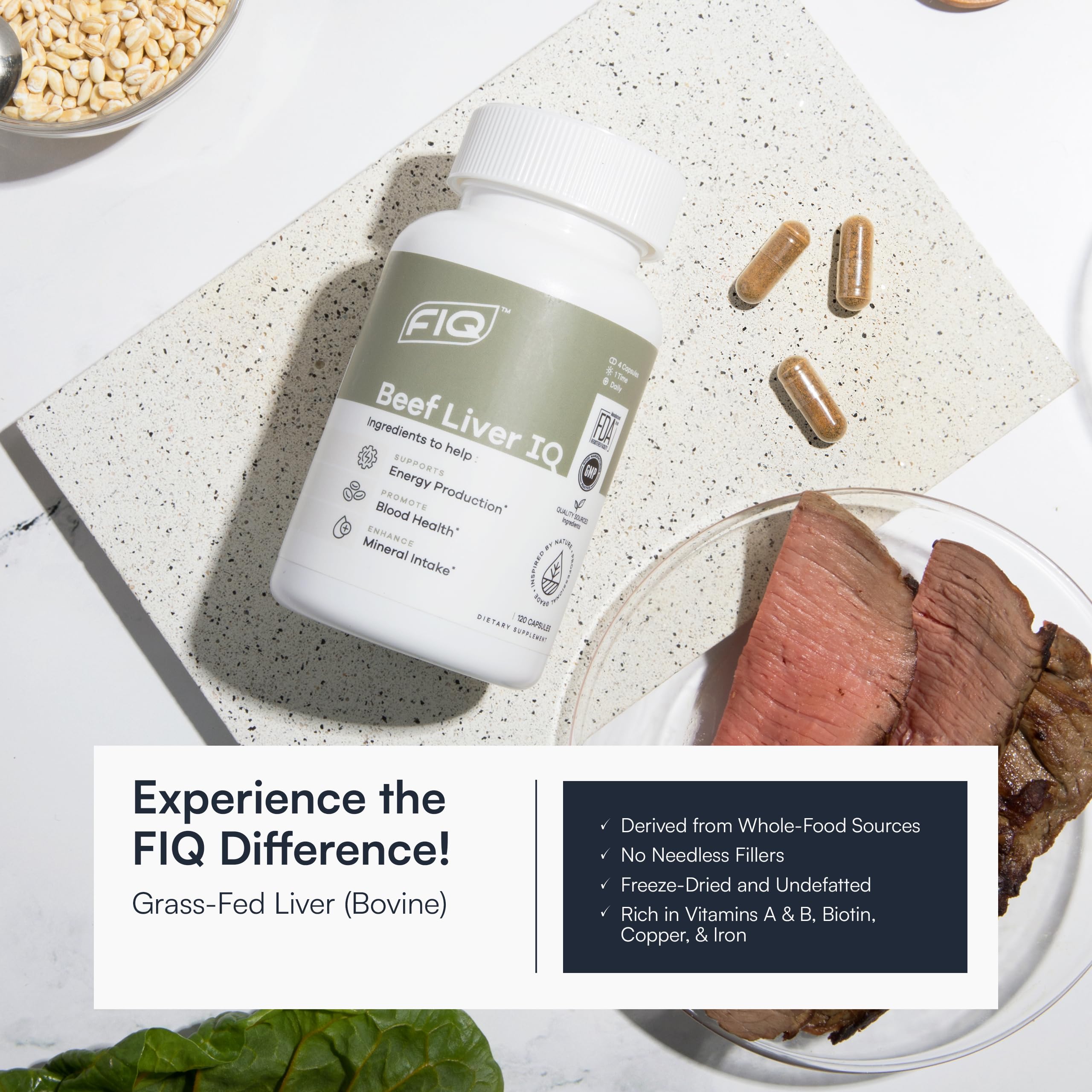 FIQ - Beef Liver IQ - Beef Liver Capsules - Supports Energy Production - Natural Iron, Copper, Vitamin A, & Vitamin B - High Absorption - 120 Capsules