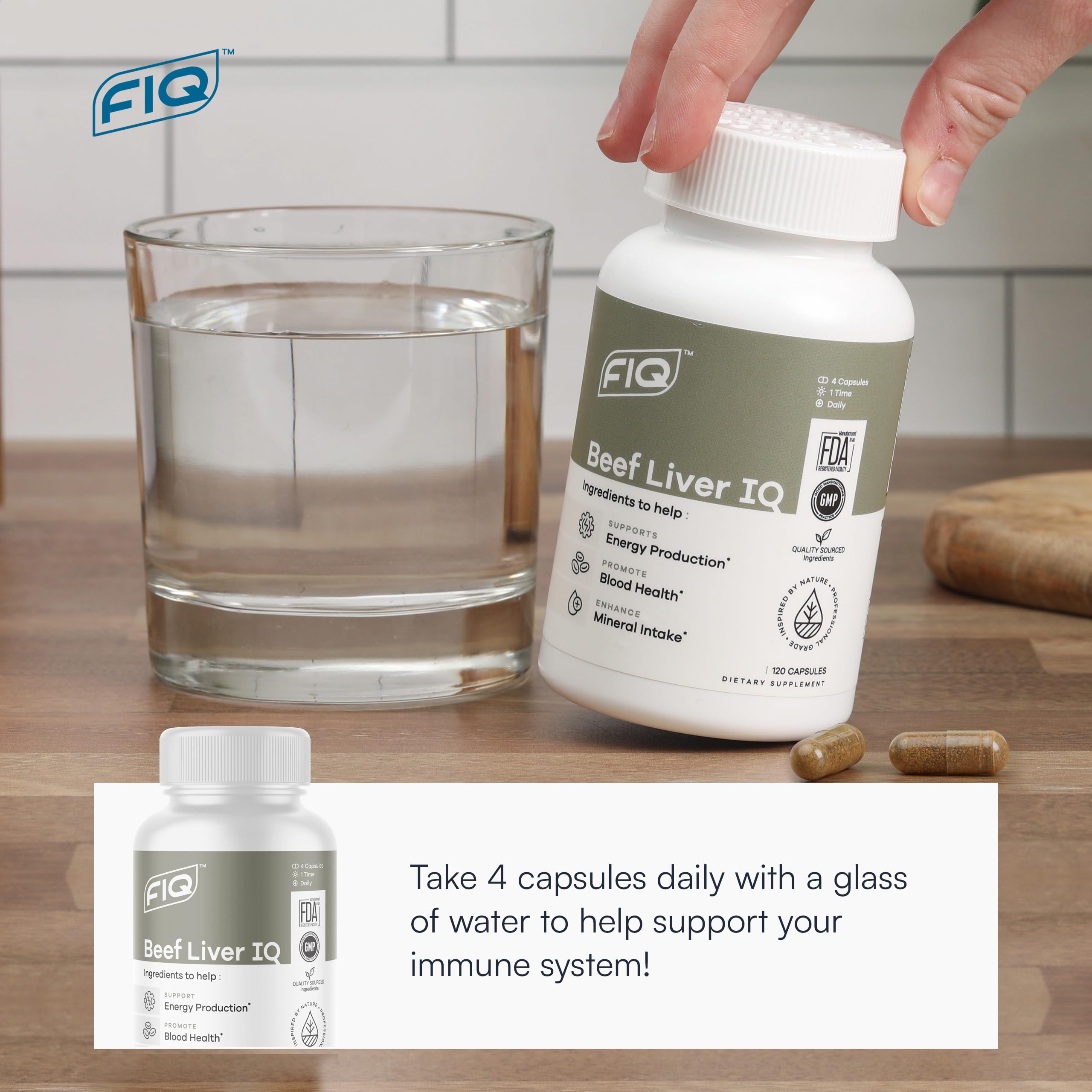 FIQ - Beef Liver IQ - Beef Liver Capsules - Supports Energy Production - Natural Iron, Copper, Vitamin A, & Vitamin B - High Absorption - 120 Capsules