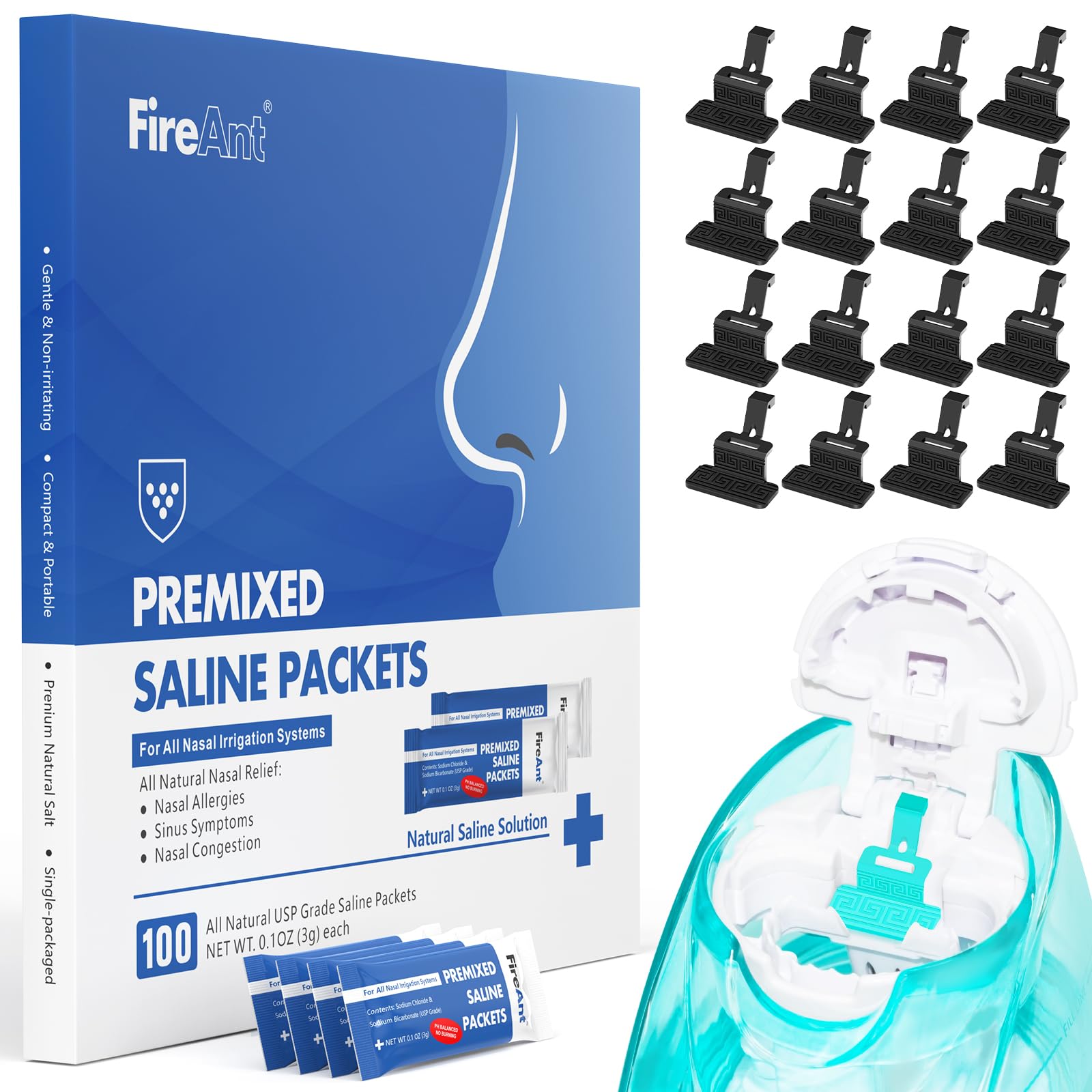 FireAnt 100 Saline Packets + 16 Silicone Pods Refills for Navage Nasal Care