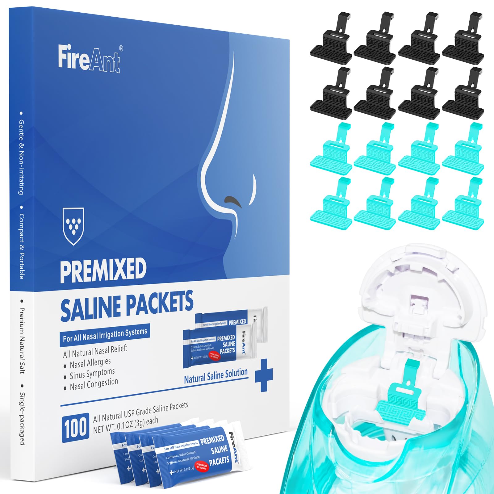 FireAnt 100 Saline Packets & 16-Pack Silicone Pods for Navage Nasal Care