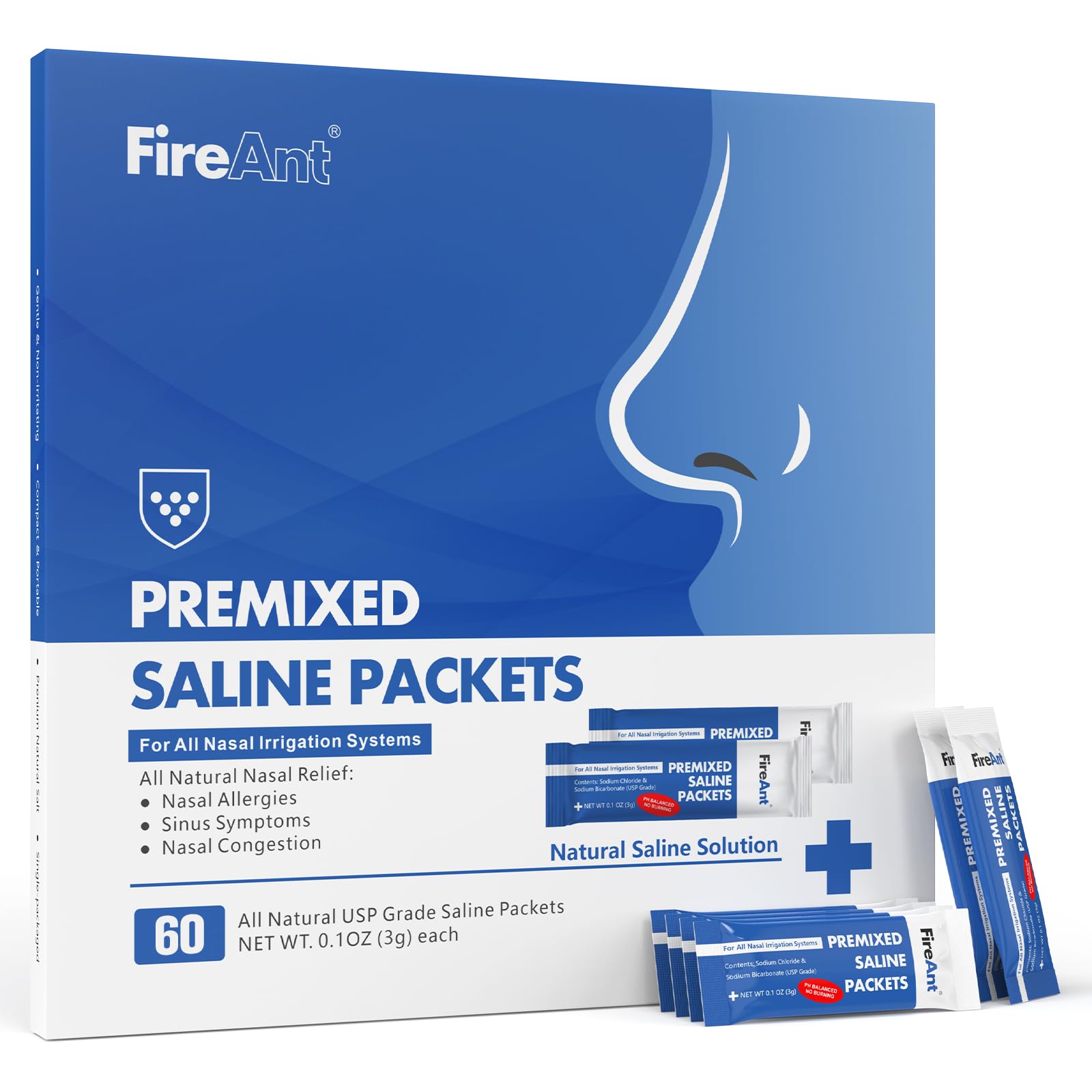 FireAnt Saline Packets for Nasal Rinse – 60 Premixed, PH-Balanced, Pharmaceutical Grade