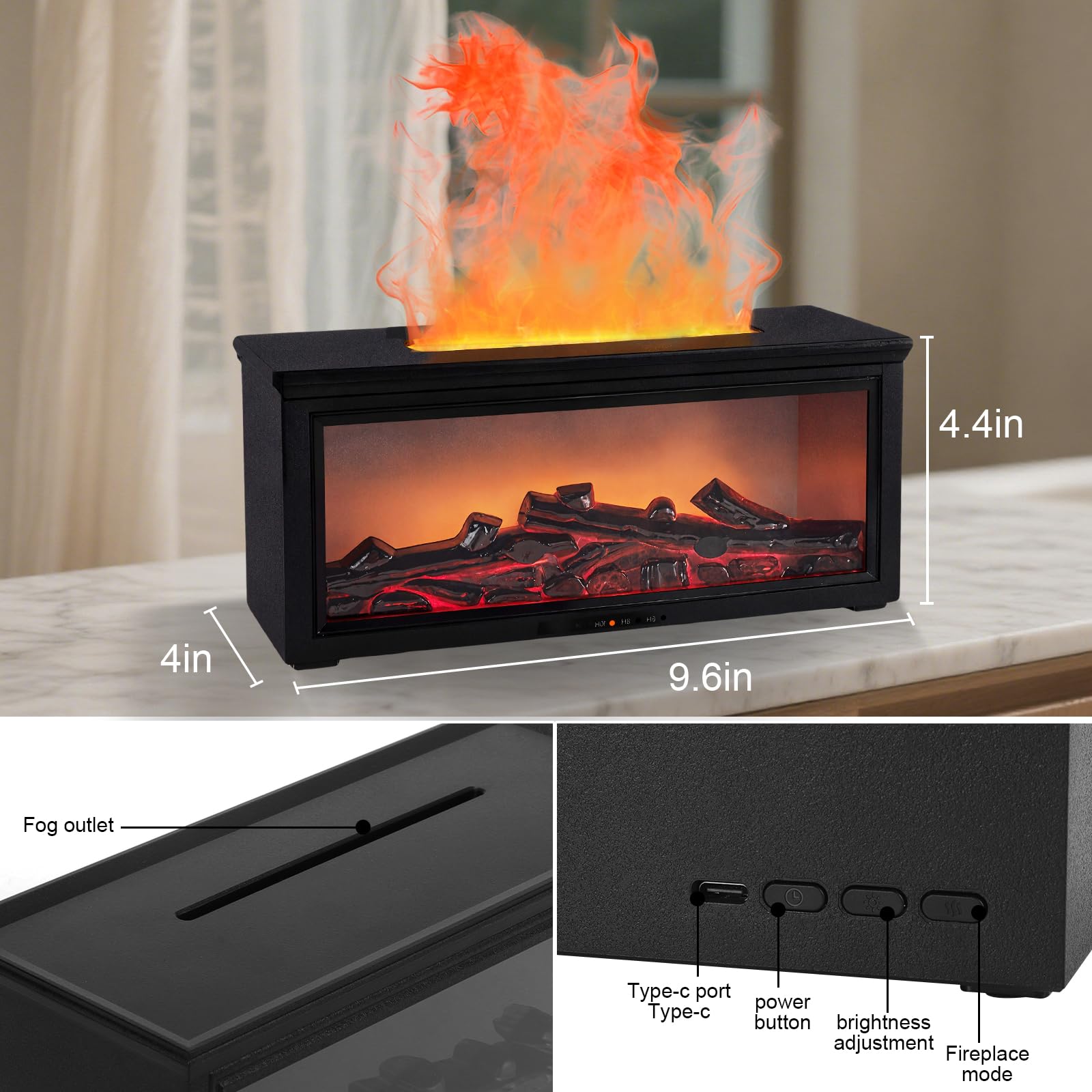 Fireplace Flame Diffuser Humidifier - 7-Color Flame, Ultrasonic Aroma, Remote, Auto-Off (Black)
