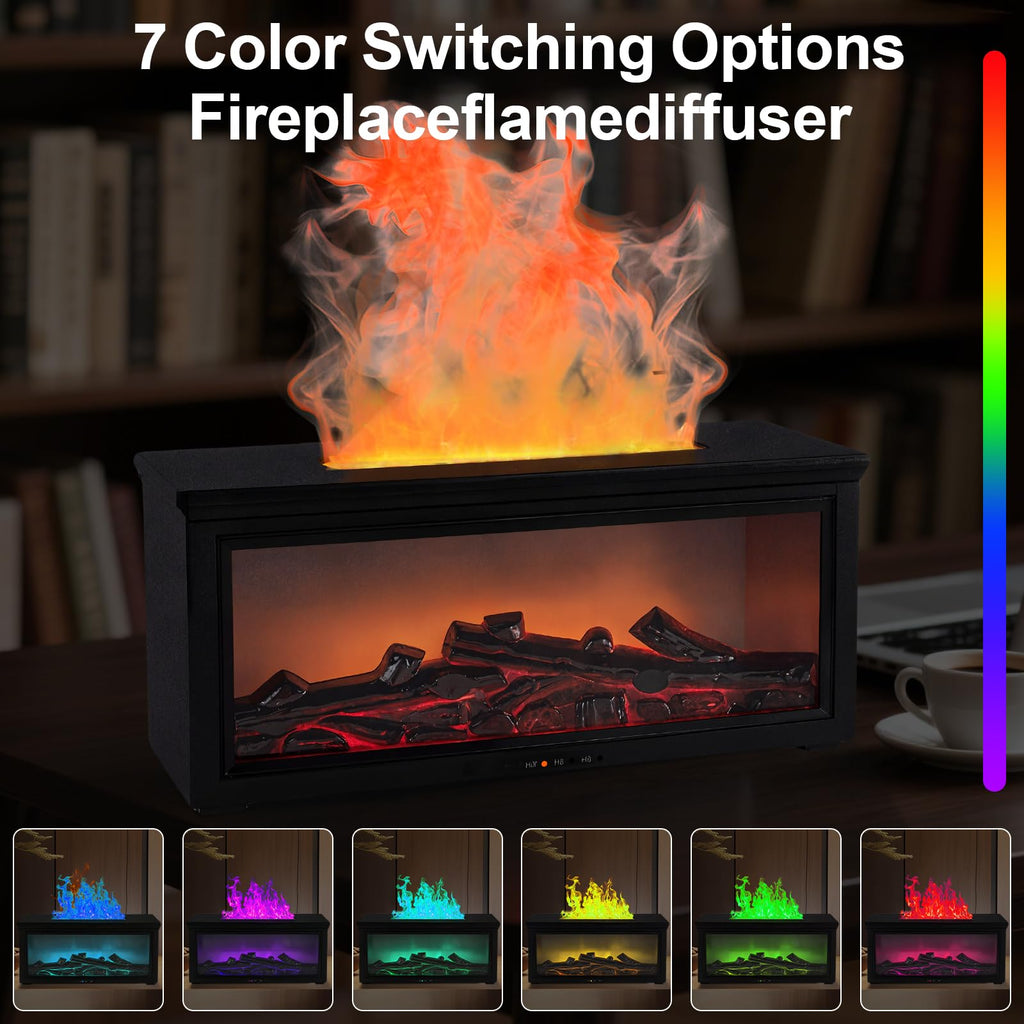 Fireplace Flame Diffuser Humidifier - 7-Color Flame, Ultrasonic Aroma, Remote, Auto-Off (Black)