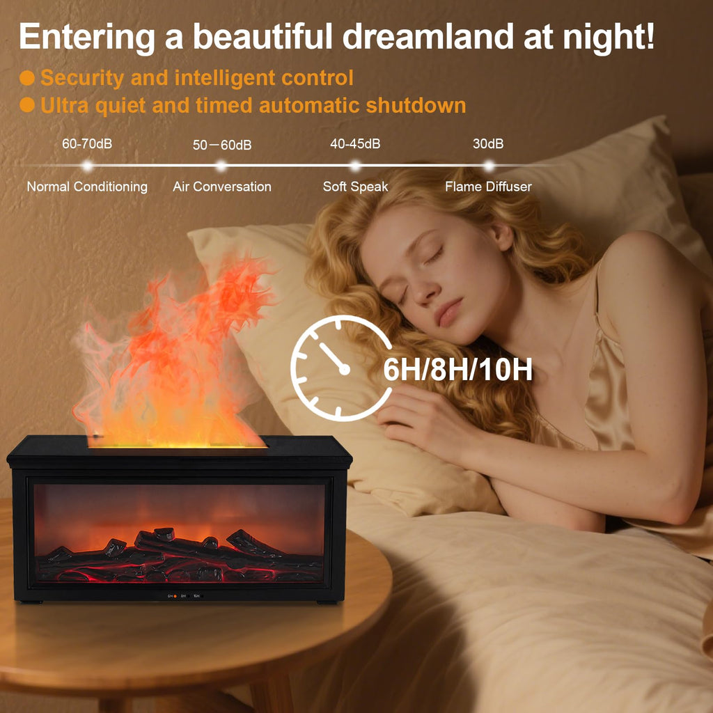 Fireplace Flame Diffuser Humidifier - 7-Color Flame, Ultrasonic Aroma, Remote, Auto-Off (Black)