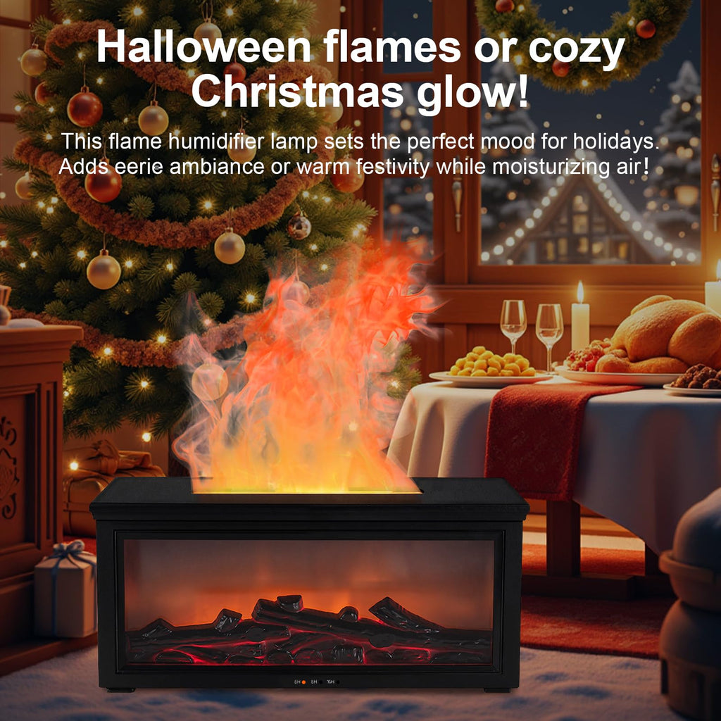 Fireplace Flame Diffuser Humidifier - 7-Color Flame, Ultrasonic Aroma, Remote, Auto-Off (Black)