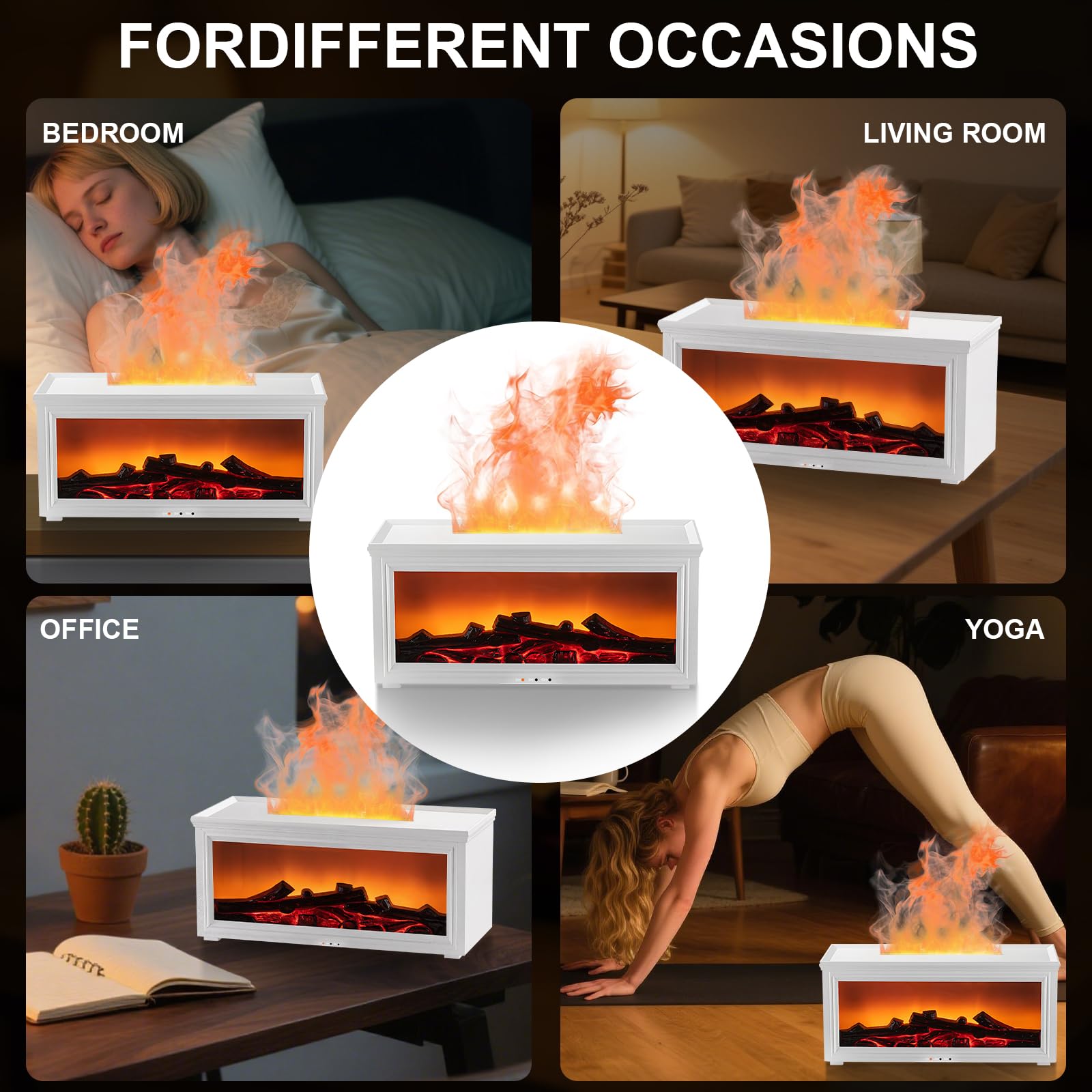 Fireplace Essential Oil Diffuser Humidifier – Ultrasonic Aroma with 7-Color Flame, Remote & Auto-Off (White)