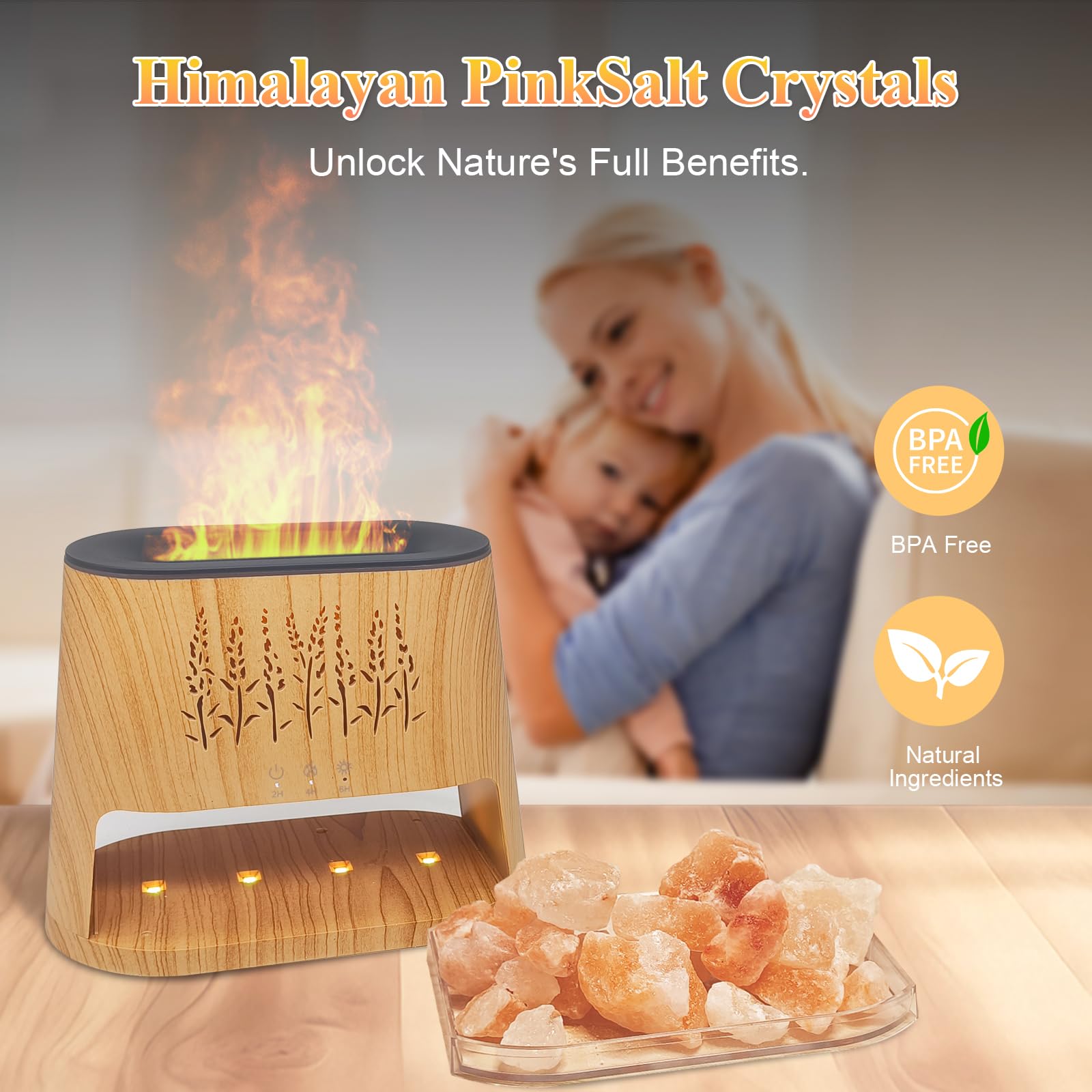 Fireplace Flame Diffuser & Himalayan Salt Lamp – 8 Colors, Aromatherapy, Auto-Off Timer