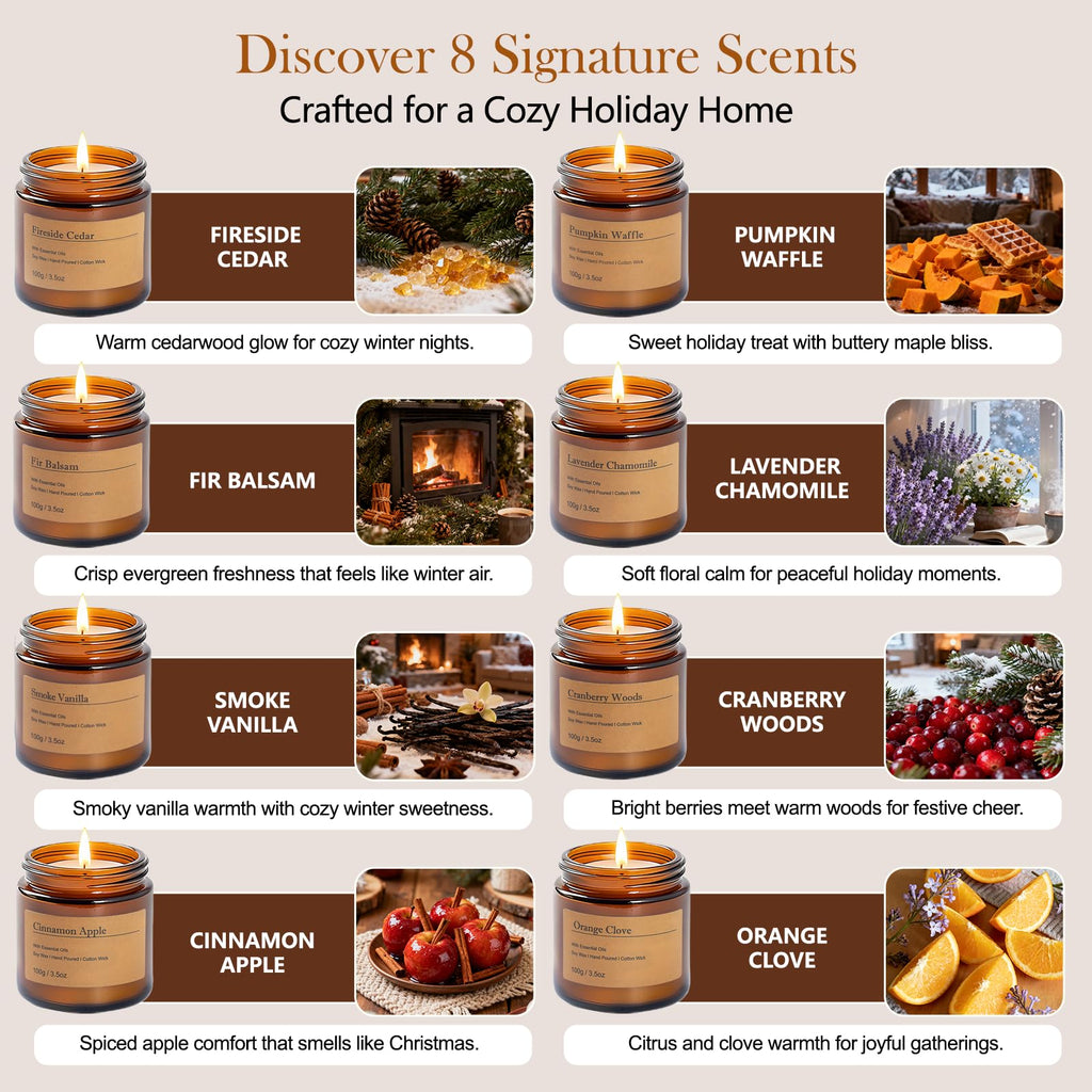Holiday Candle Gift Set – 8-Pack Vintage Amber Glass Jars | Winter Scents