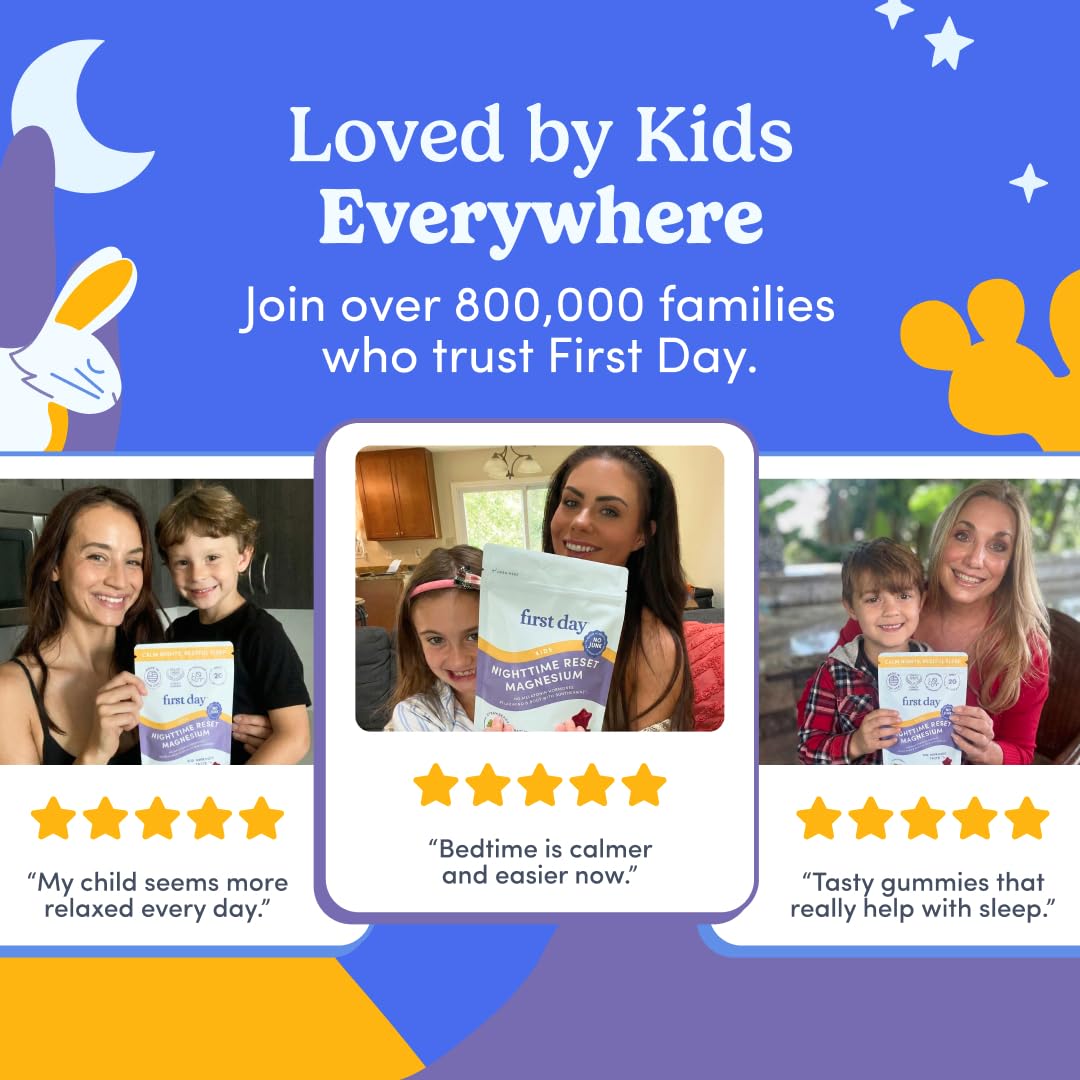 FIRST DAY Kids Magnesium Citrate Gummies (Ages 4+) — No Melatonin, Suntheanine L-Theanine, Strawberry | 30-Day Supply