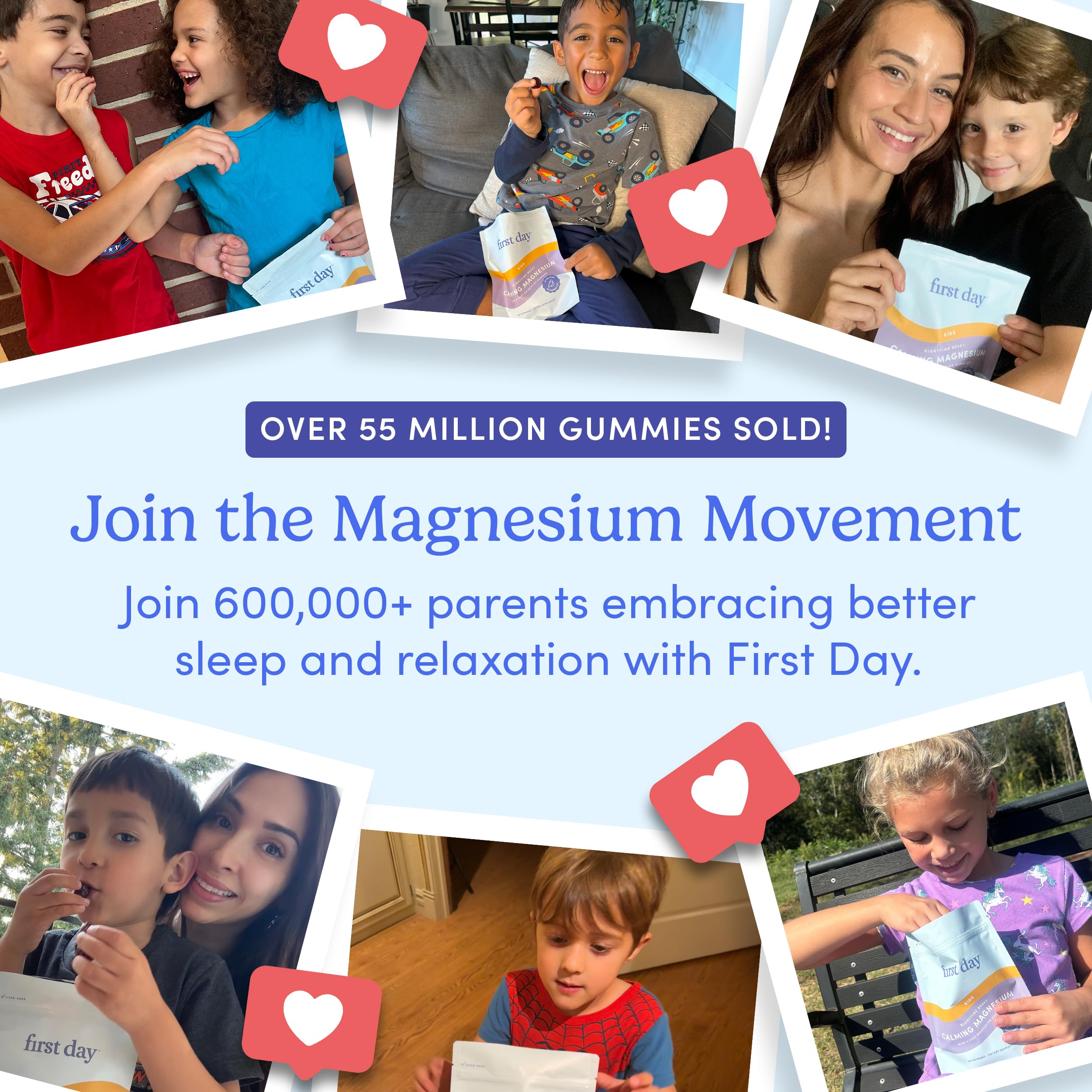FIRST DAY Kids Magnesium Citrate Gummies (Ages 4+) — No Melatonin, Suntheanine L-Theanine, Strawberry | 30-Day Supply